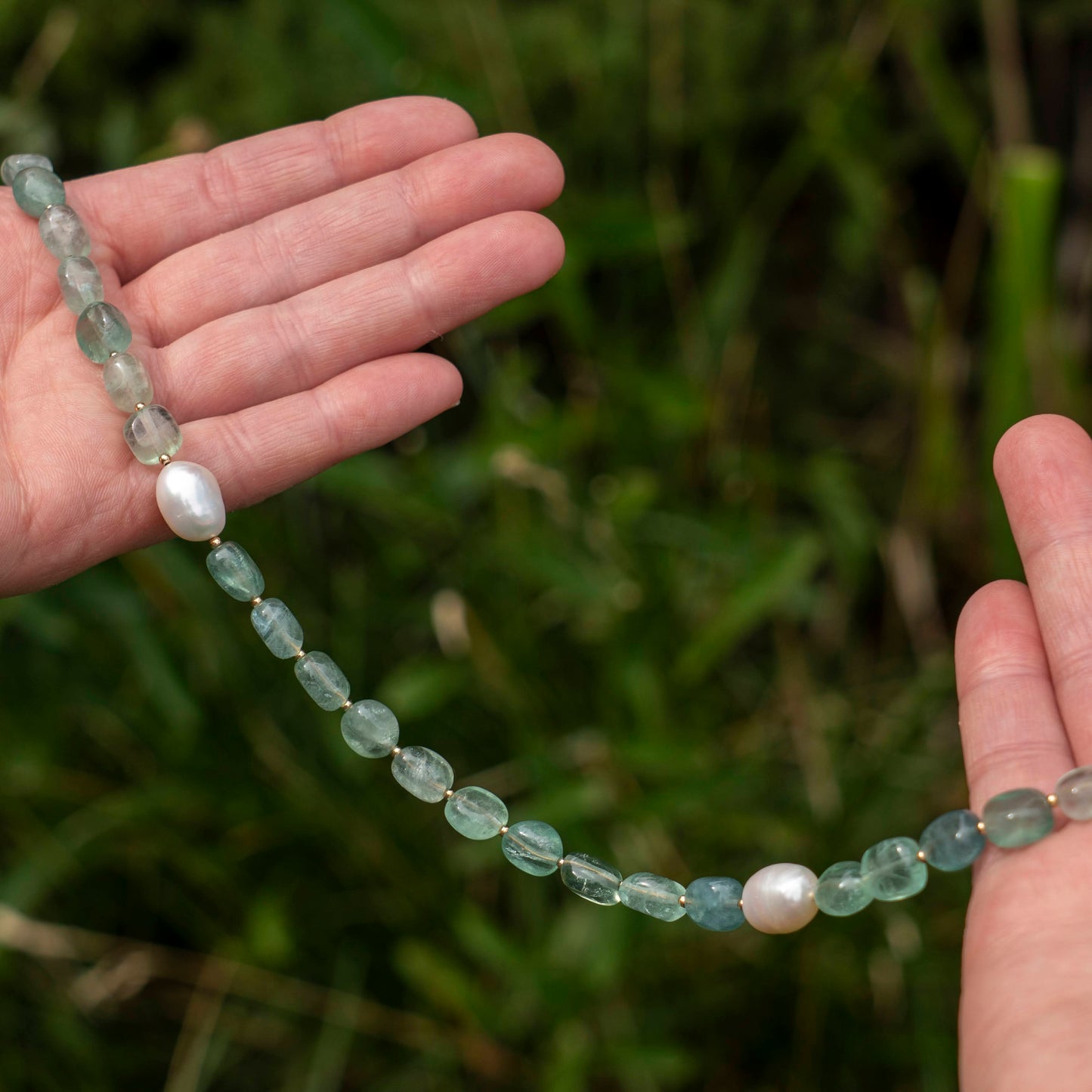 Green Florite & Freshwater Pearl Asymmetric Statement Necklace