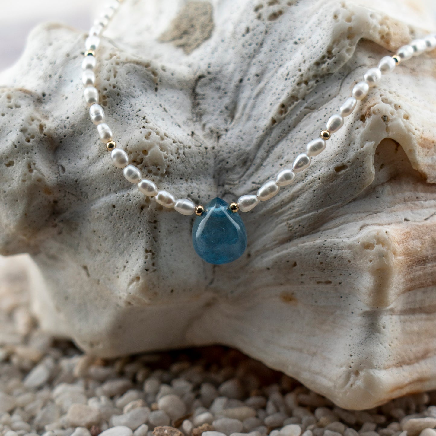 Freshwater Rice Pearl & Aquamarine Tear Drop Pendant