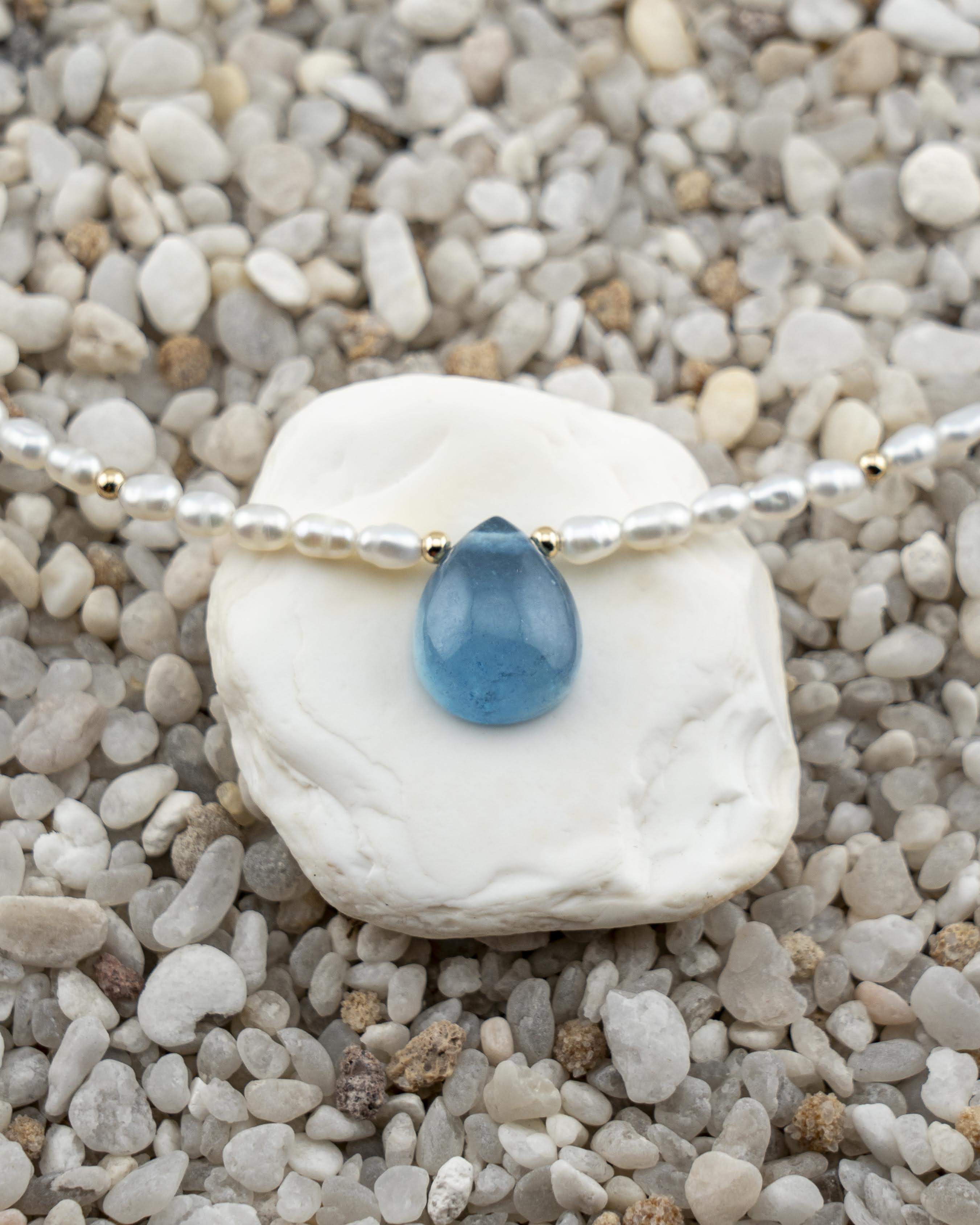 Freshwater Rice Pearl & Aquamarine Tear Drop Pendant