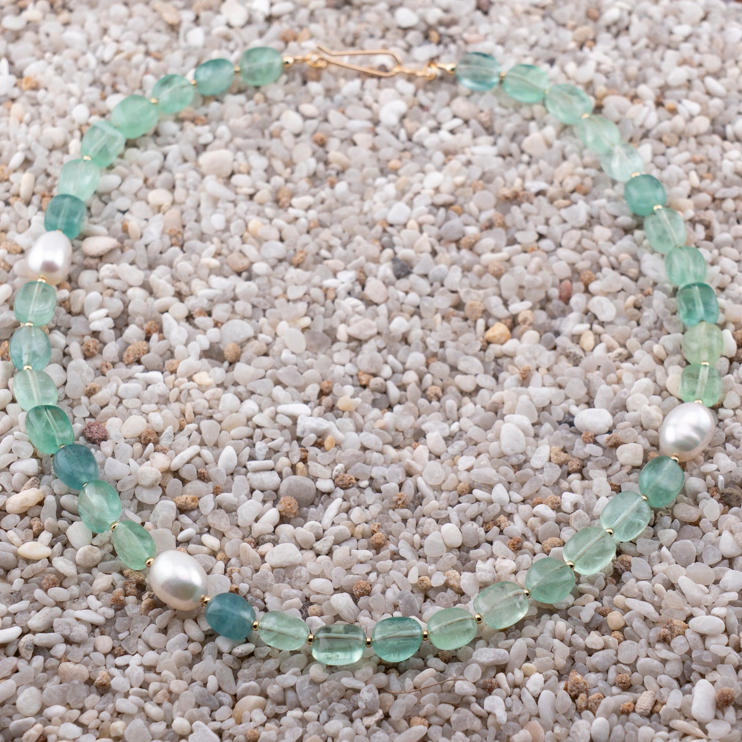 Green Florite & Freshwater Pearl Asymmetric Statement Necklace