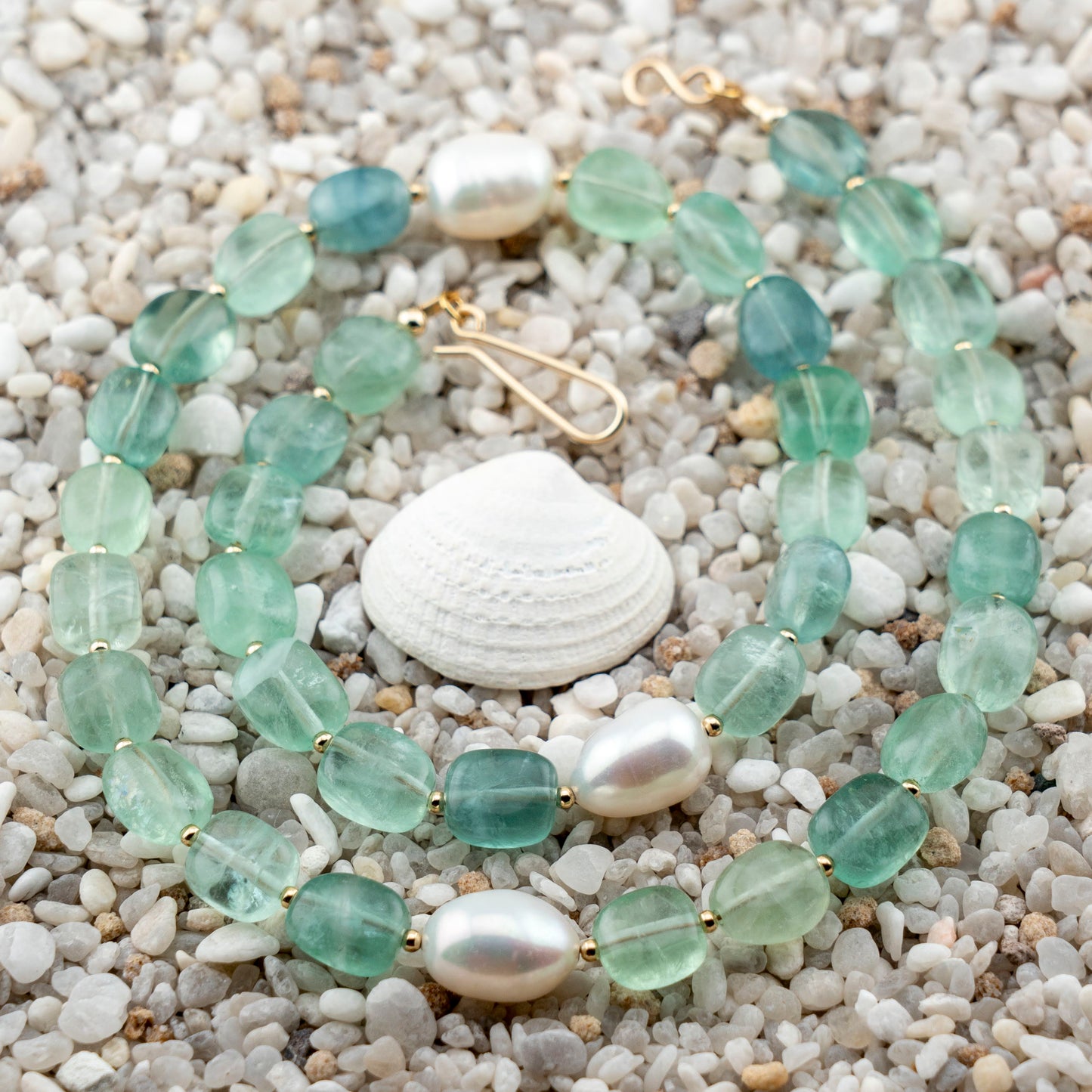 Green Florite & Freshwater Pearl Asymmetric Statement Necklace