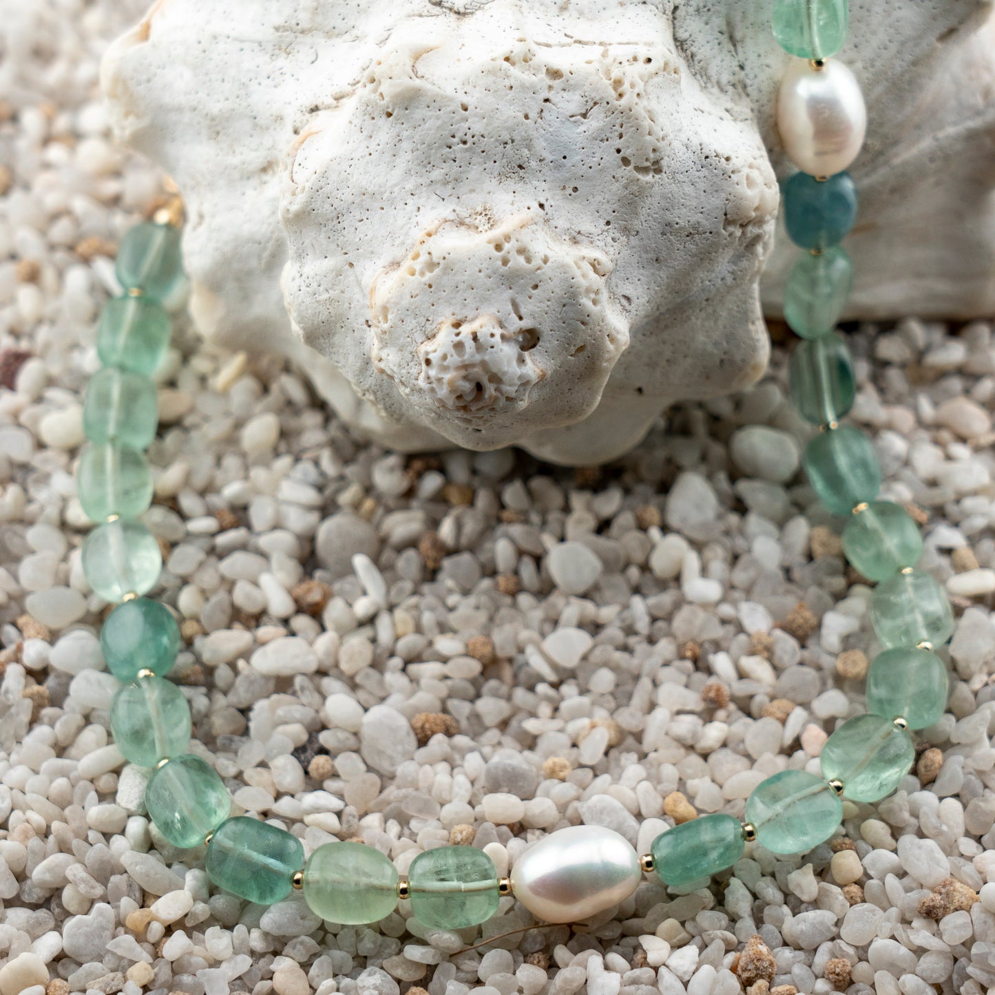 Green Florite & Freshwater Pearl Asymmetric Statement Necklace