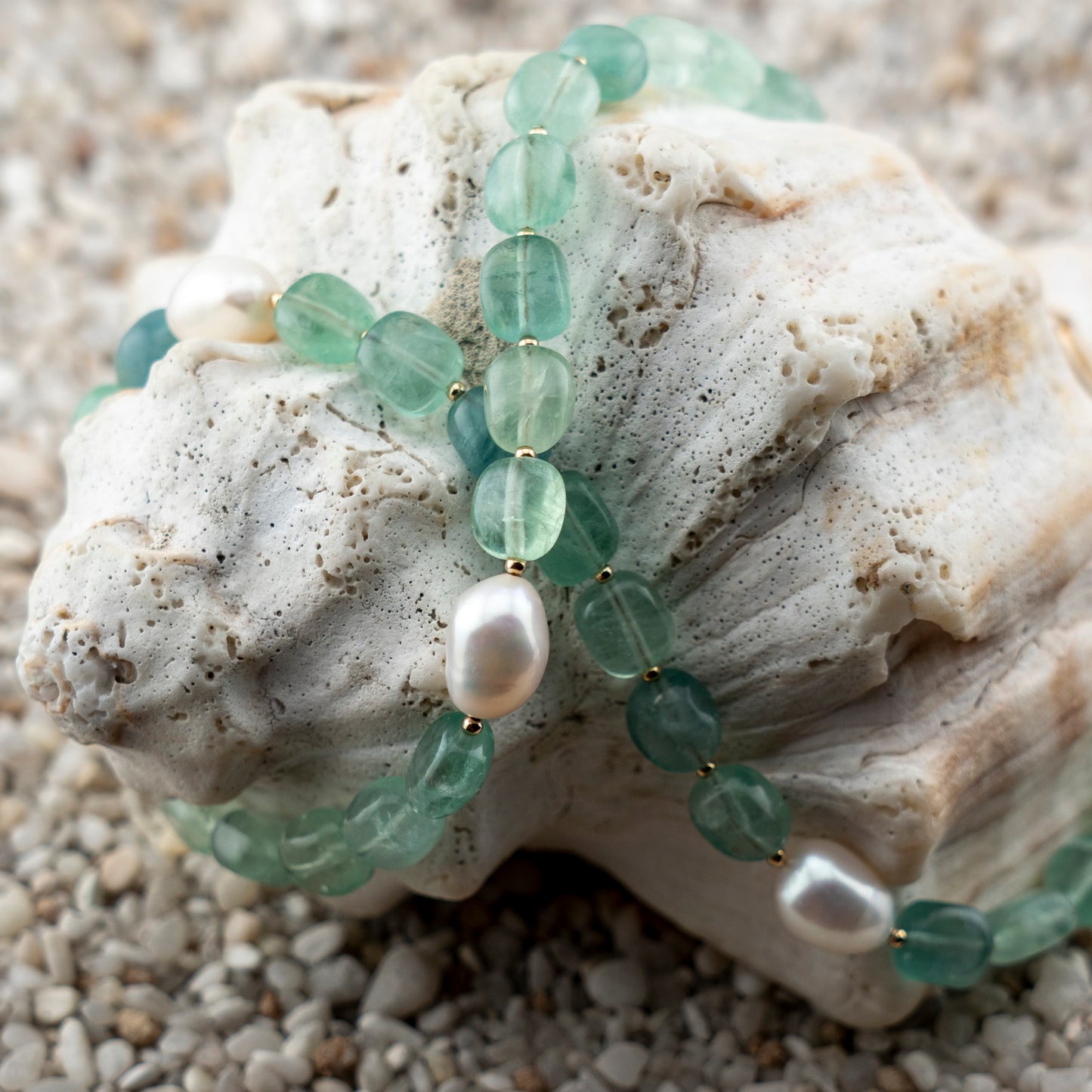 Green Florite & Freshwater Pearl Asymmetric Statement Necklace