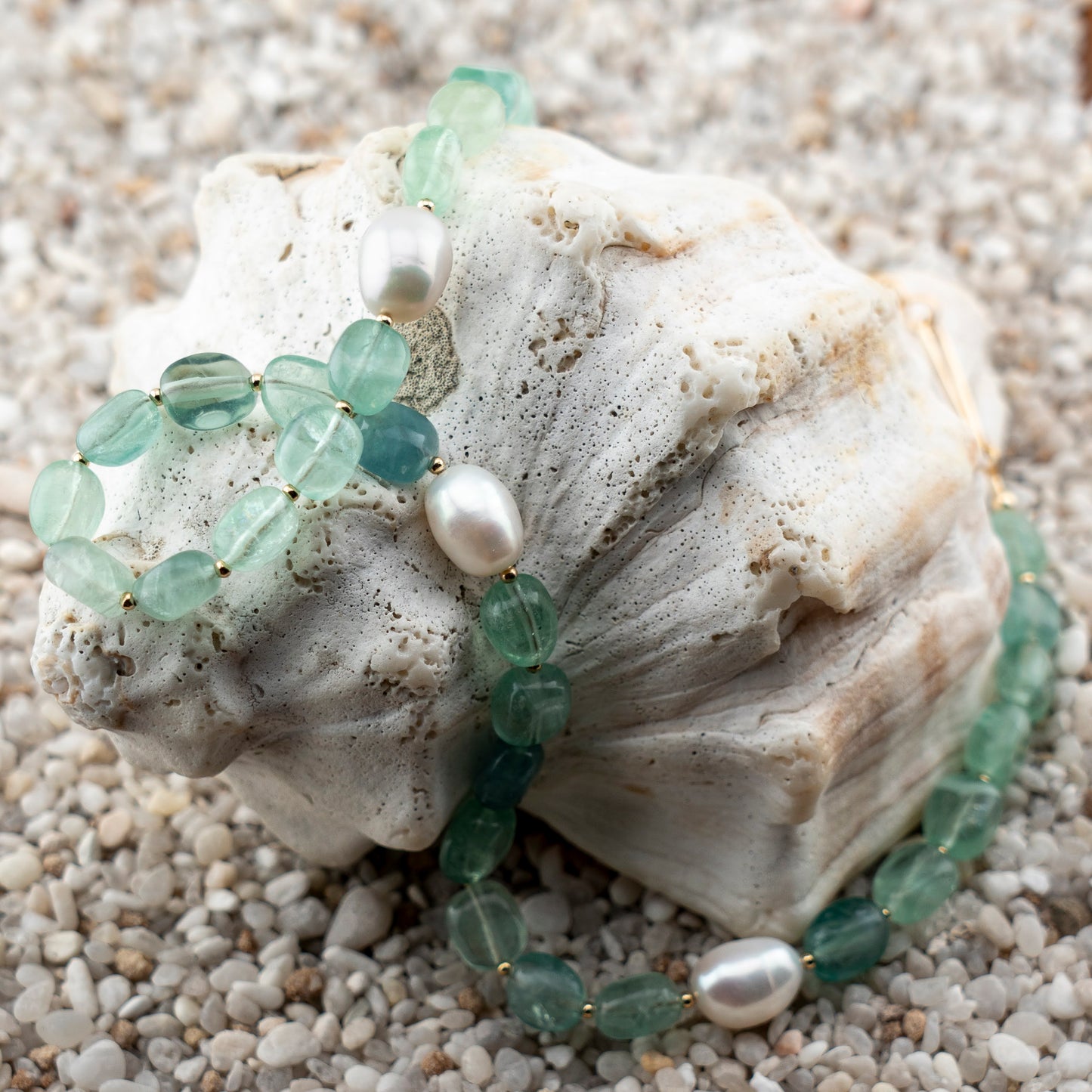 Green Florite & Freshwater Pearl Asymmetric Statement Necklace