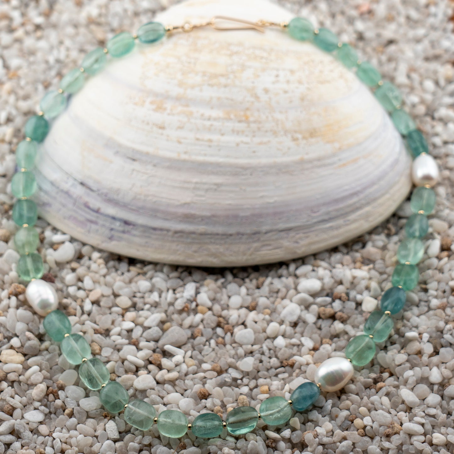 Green Florite & Freshwater Pearl Asymmetric Statement Necklace