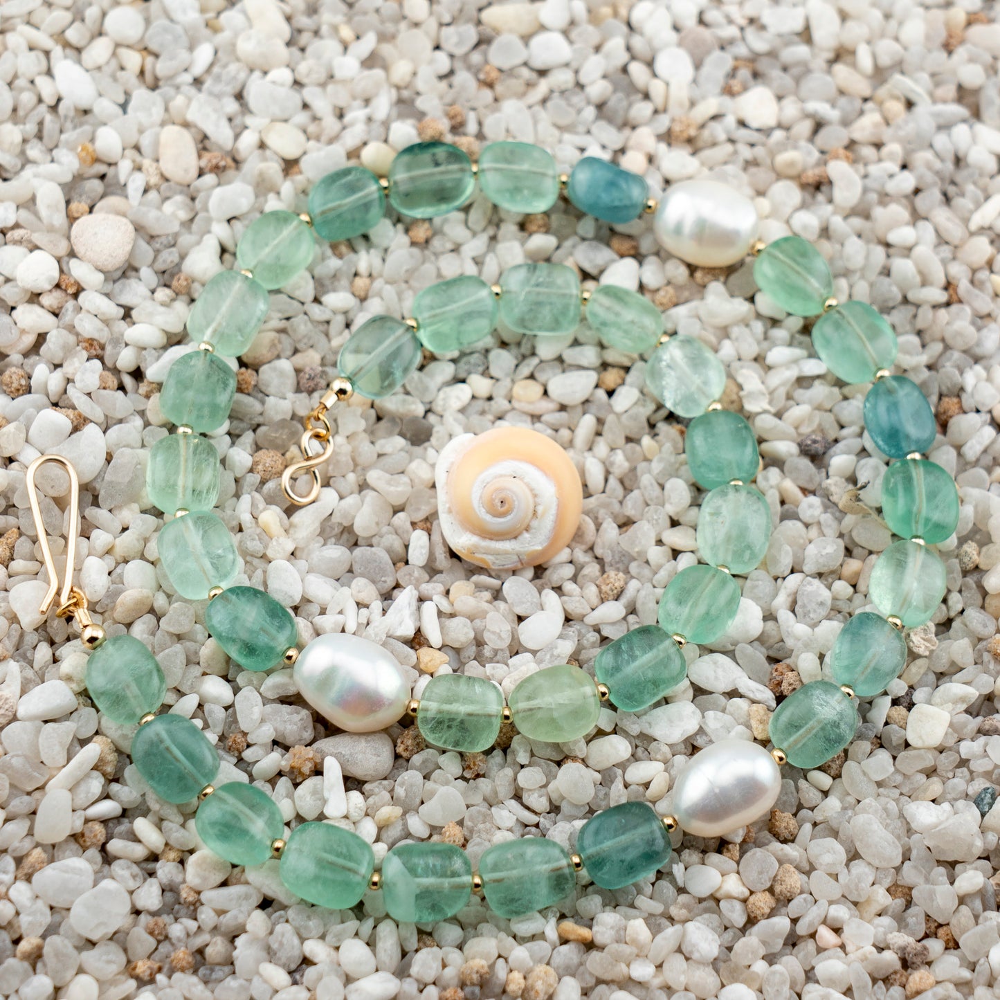 Green Florite & Freshwater Pearl Asymmetric Statement Necklace