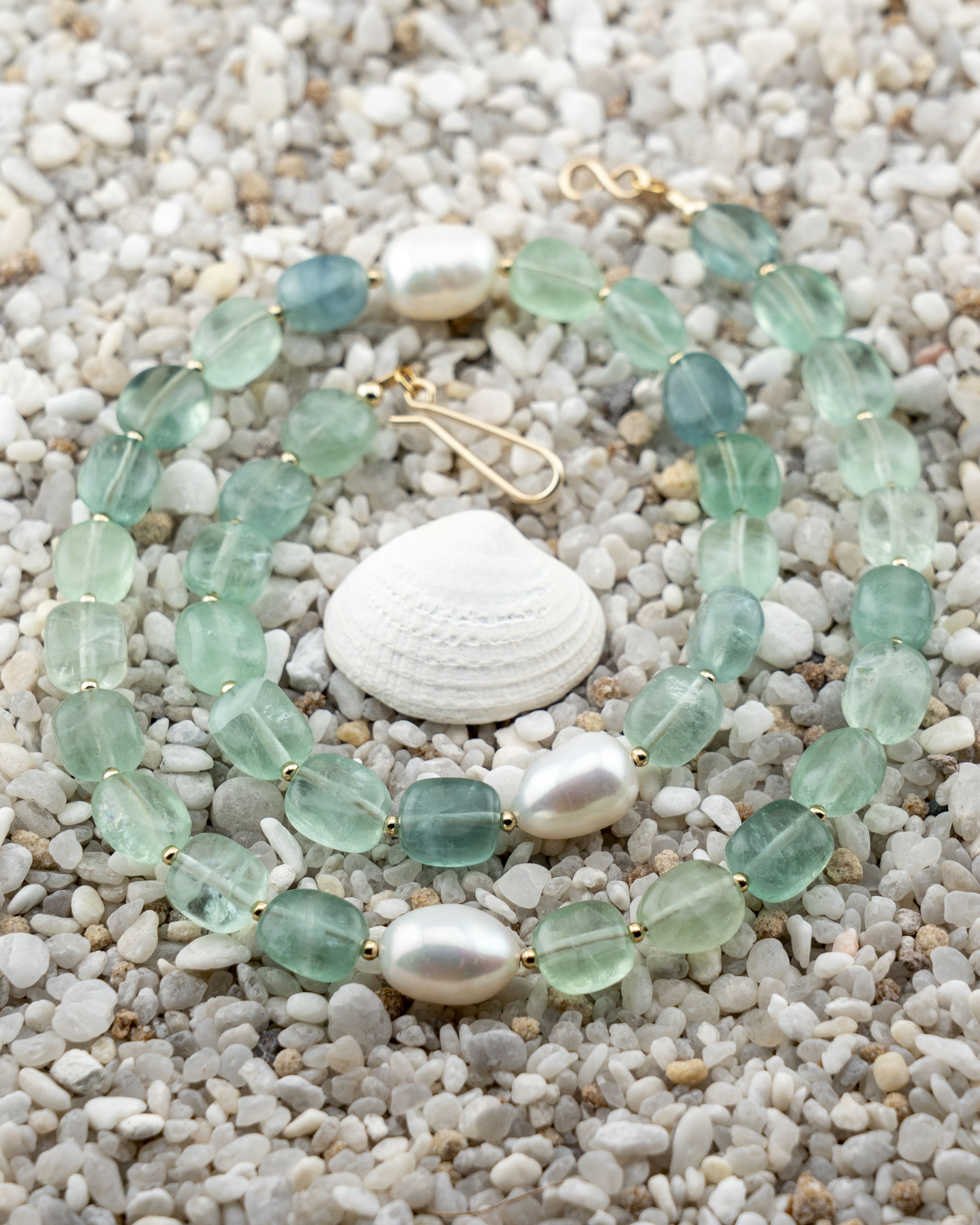 Green Florite & Freshwater Pearl Asymmetric Statement Necklace