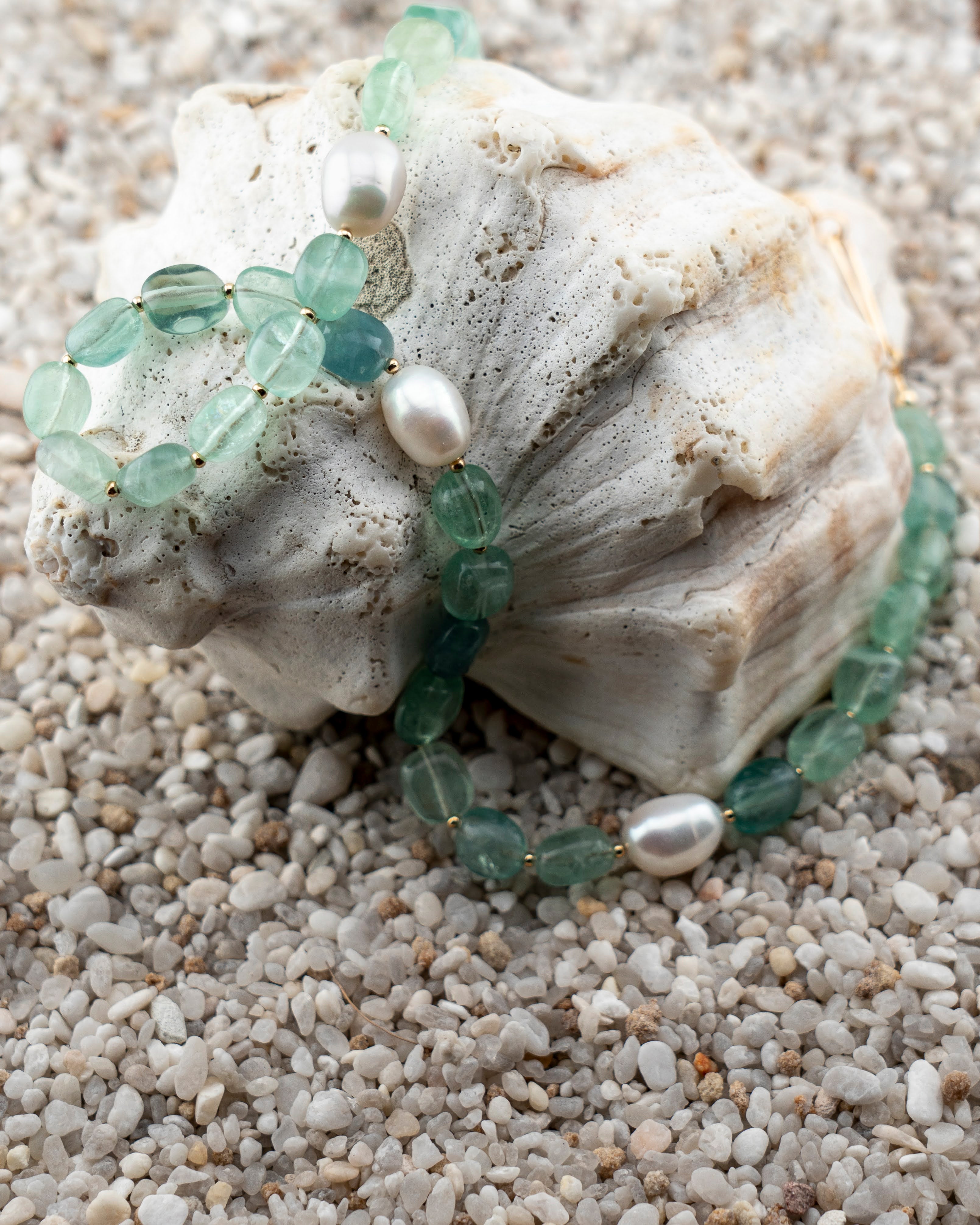 Green Florite & Freshwater Pearl Asymmetric Statement Necklace