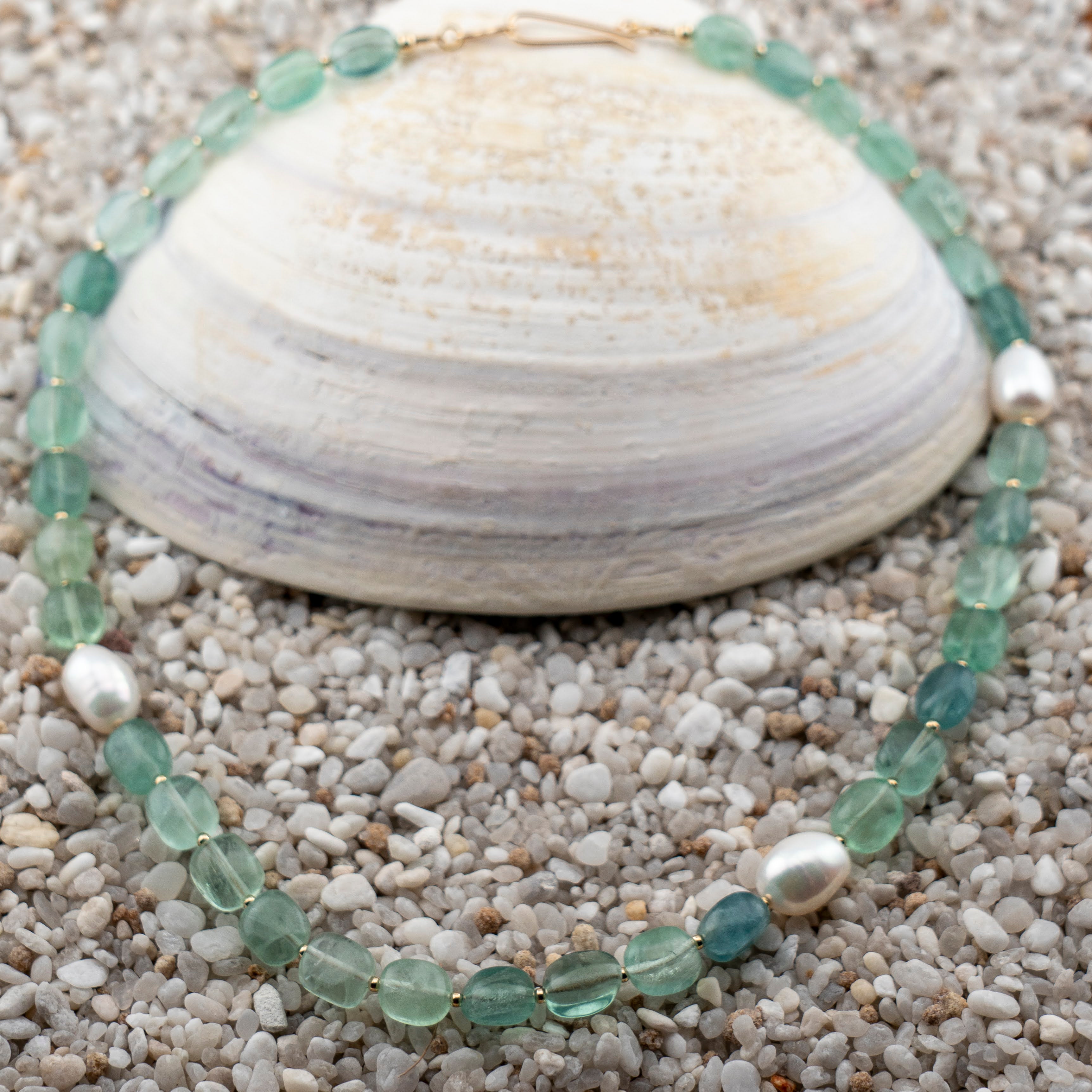 Green Florite & Freshwater Pearl Asymmetric Statement Necklace
