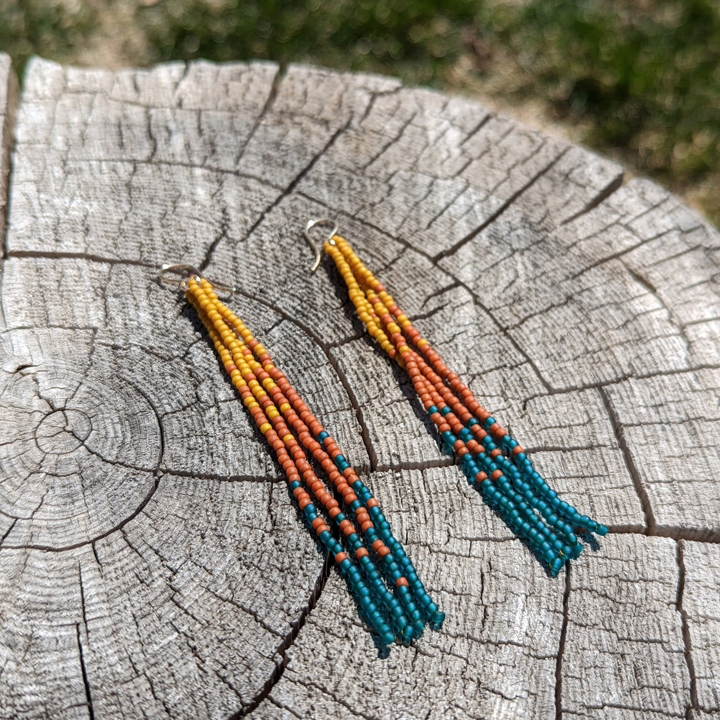 Fall Turquoise Long Beaded Fringe Earrings
