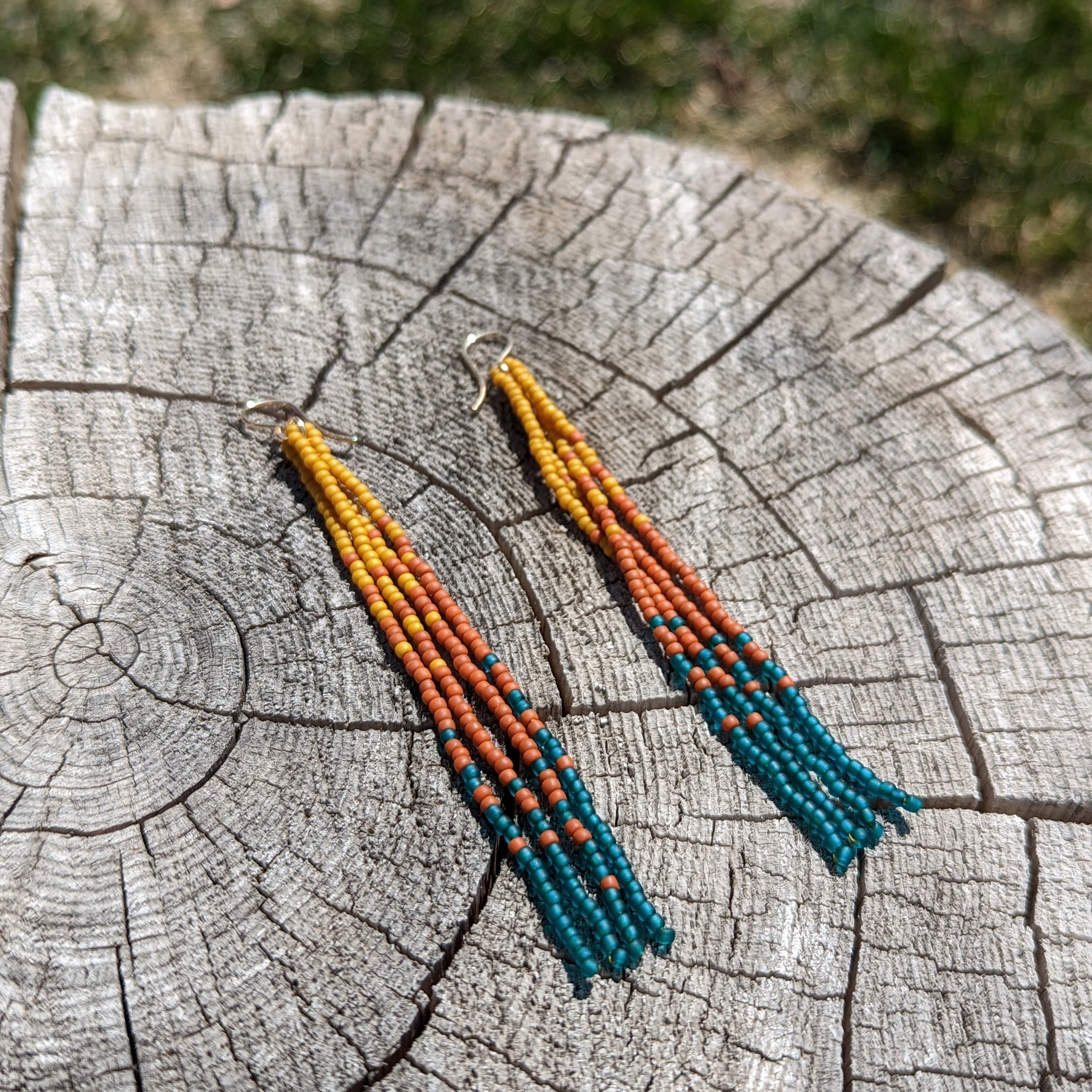 Fall Turquoise Long Beaded Fringe Earrings