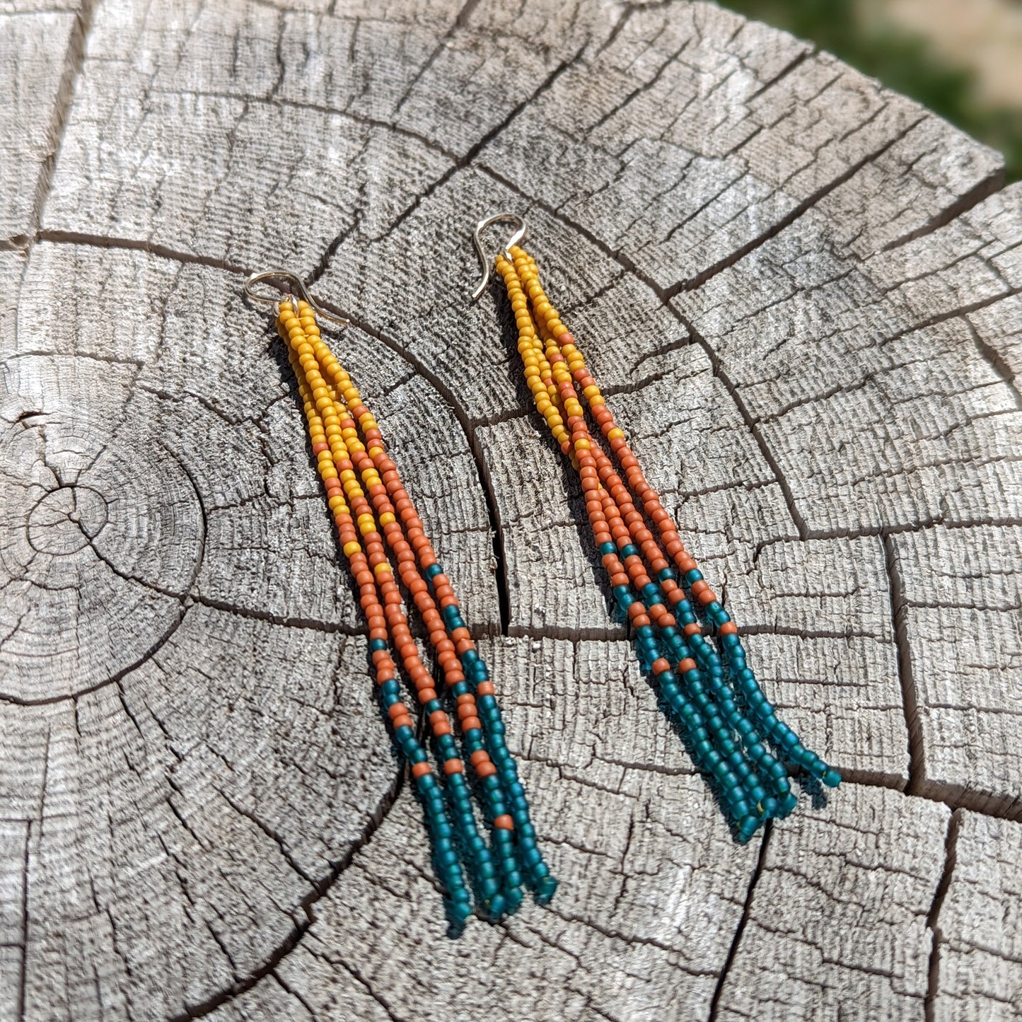 Fall Turquoise Long Beaded Fringe Earrings