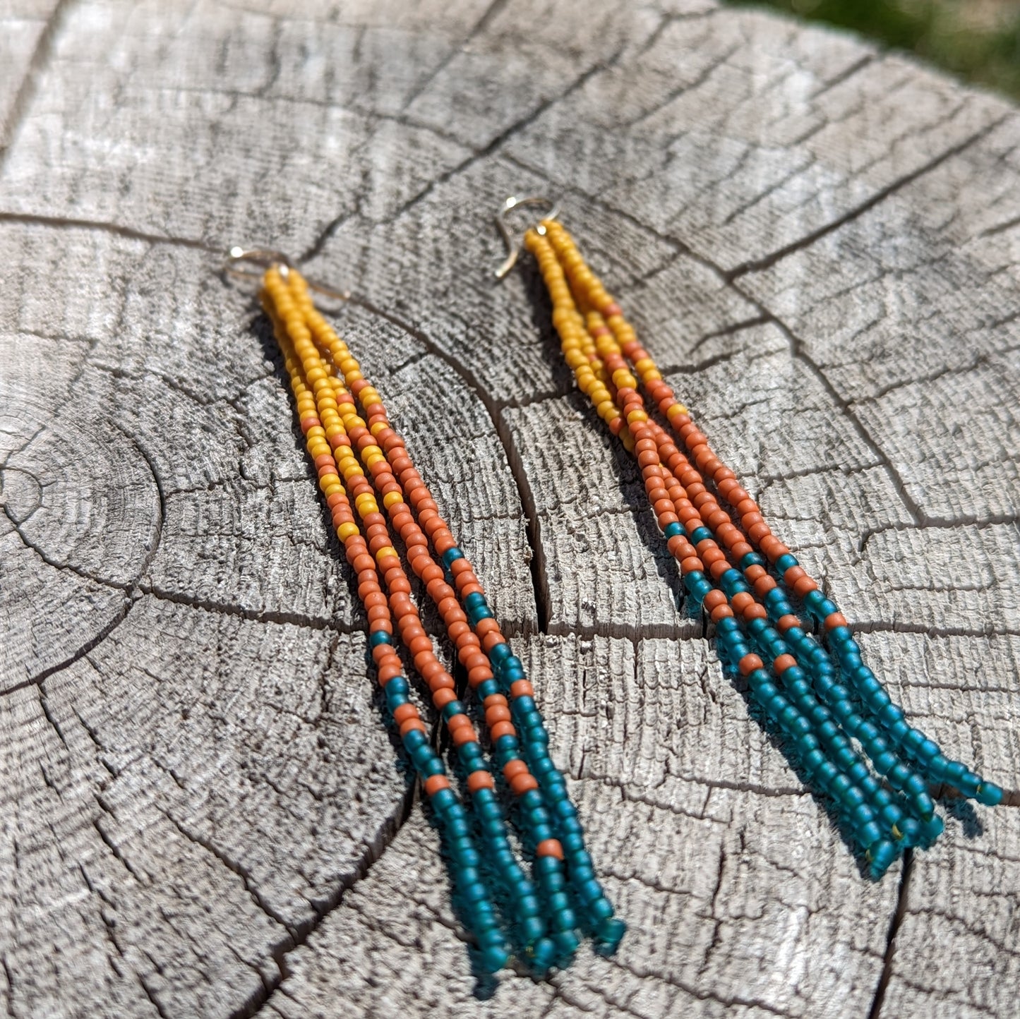 Fall Turquoise Long Beaded Fringe Earrings