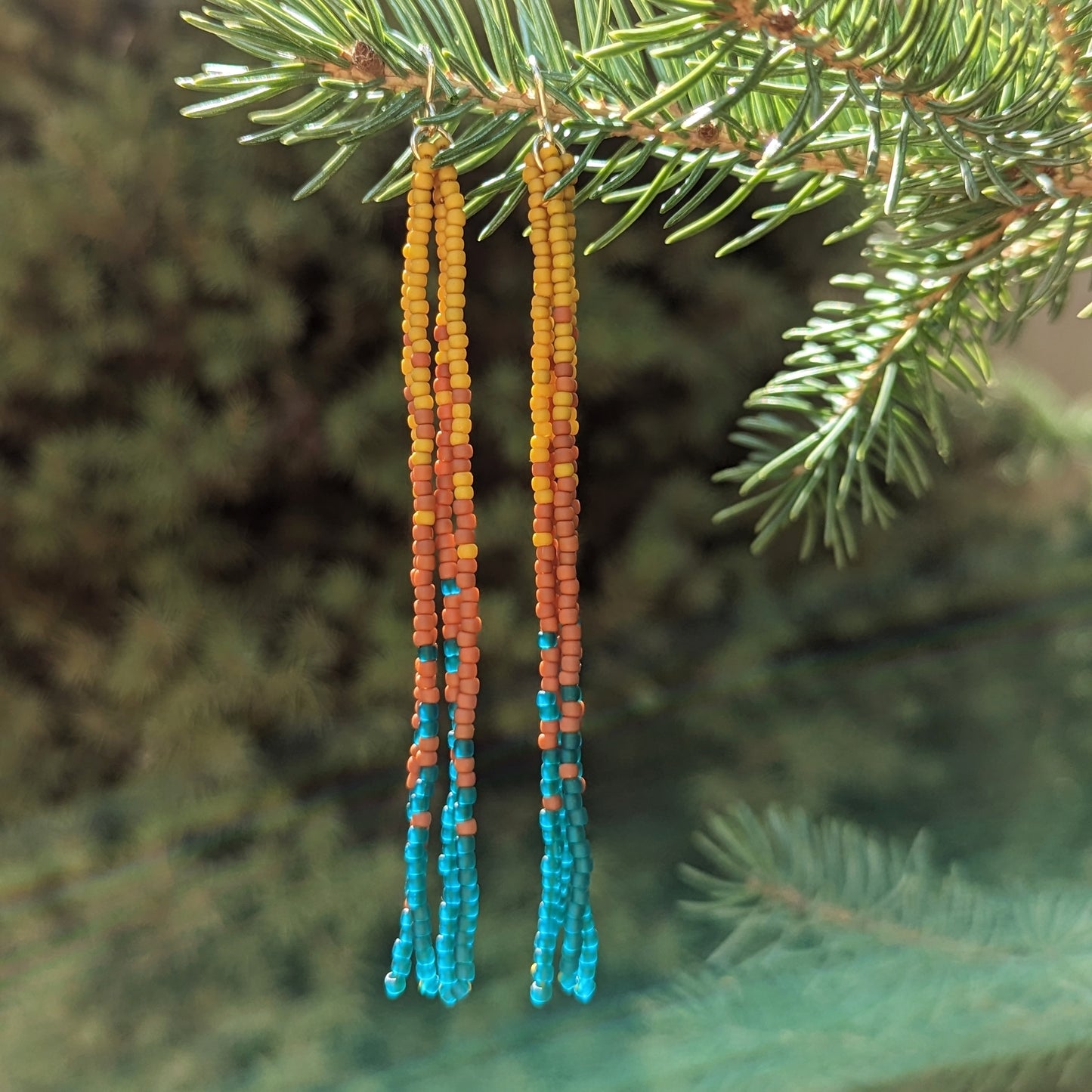 Fall Turquoise Long Beaded Fringe Earrings