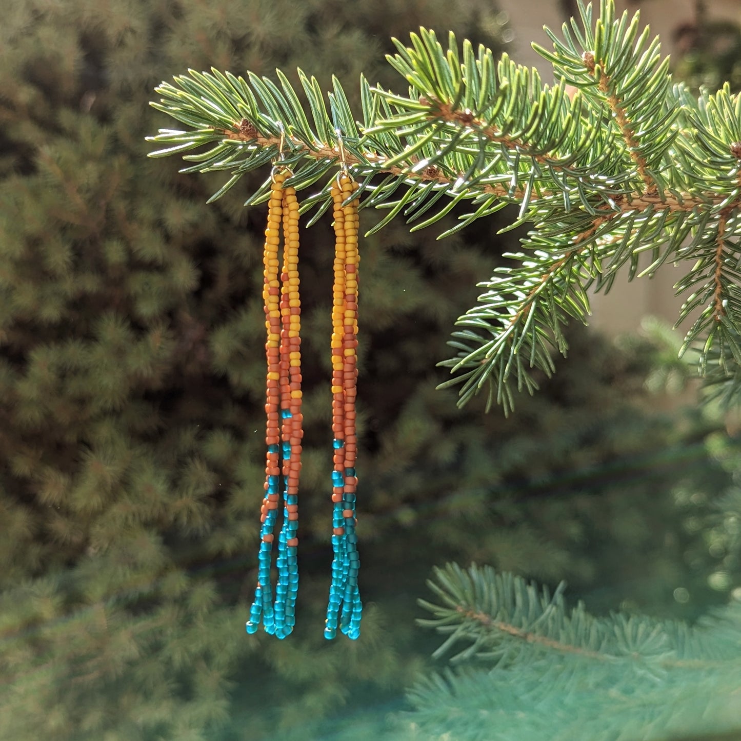 Fall Turquoise Long Beaded Fringe Earrings