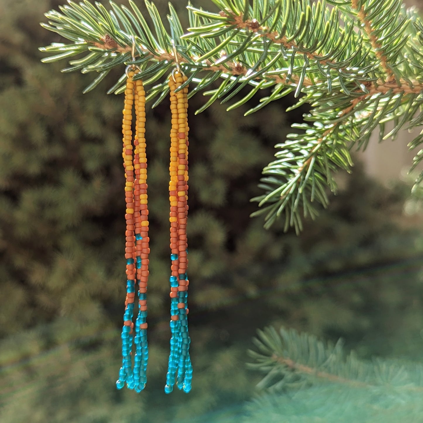 Fall Turquoise Long Beaded Fringe Earrings