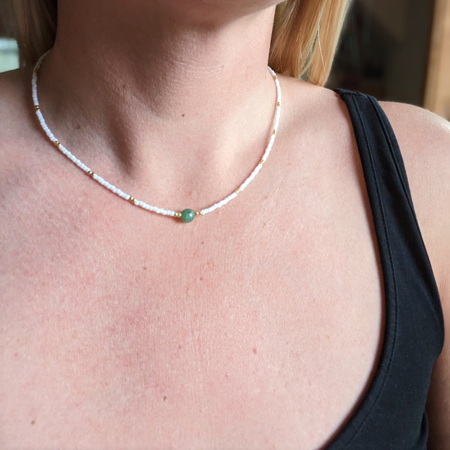 Green Aventurine White Beaded Accent Choker Necklace