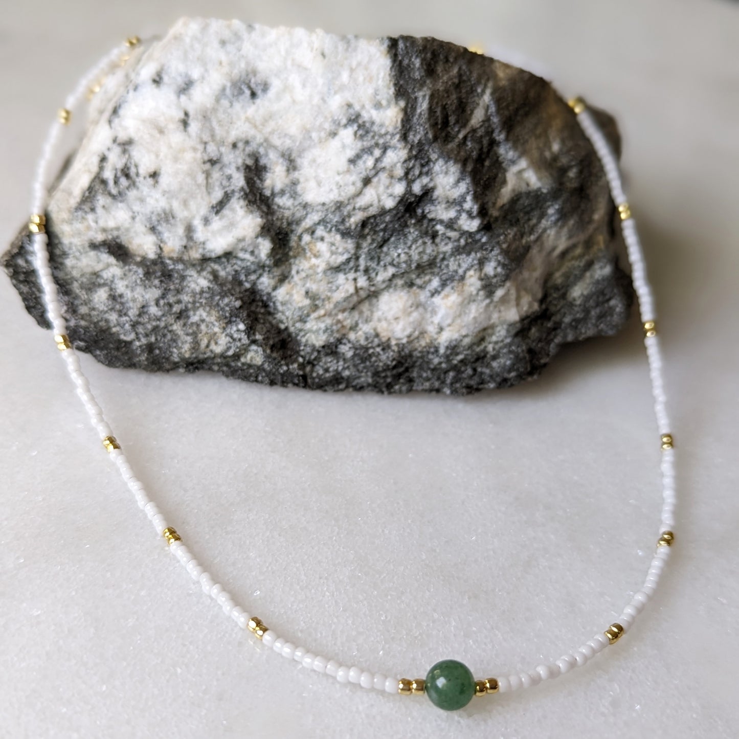 Green Aventurine White Beaded Accent Choker Necklace
