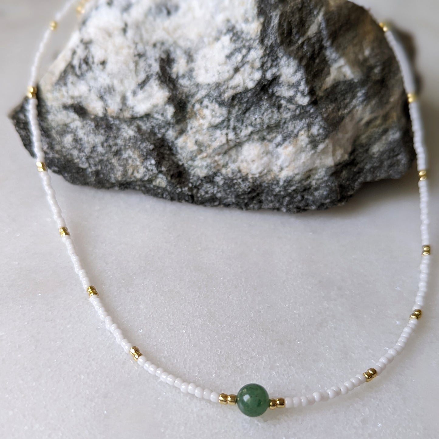 Green Aventurine White Beaded Accent Choker Necklace