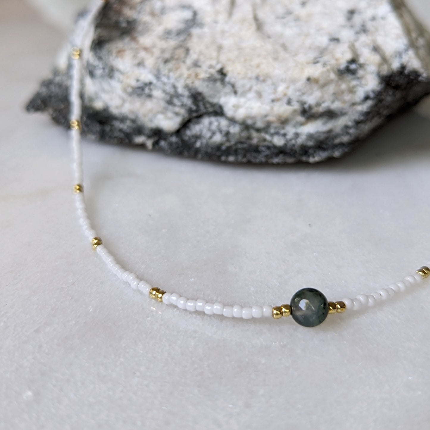 Moss Agate White Beaded Choker Necklace