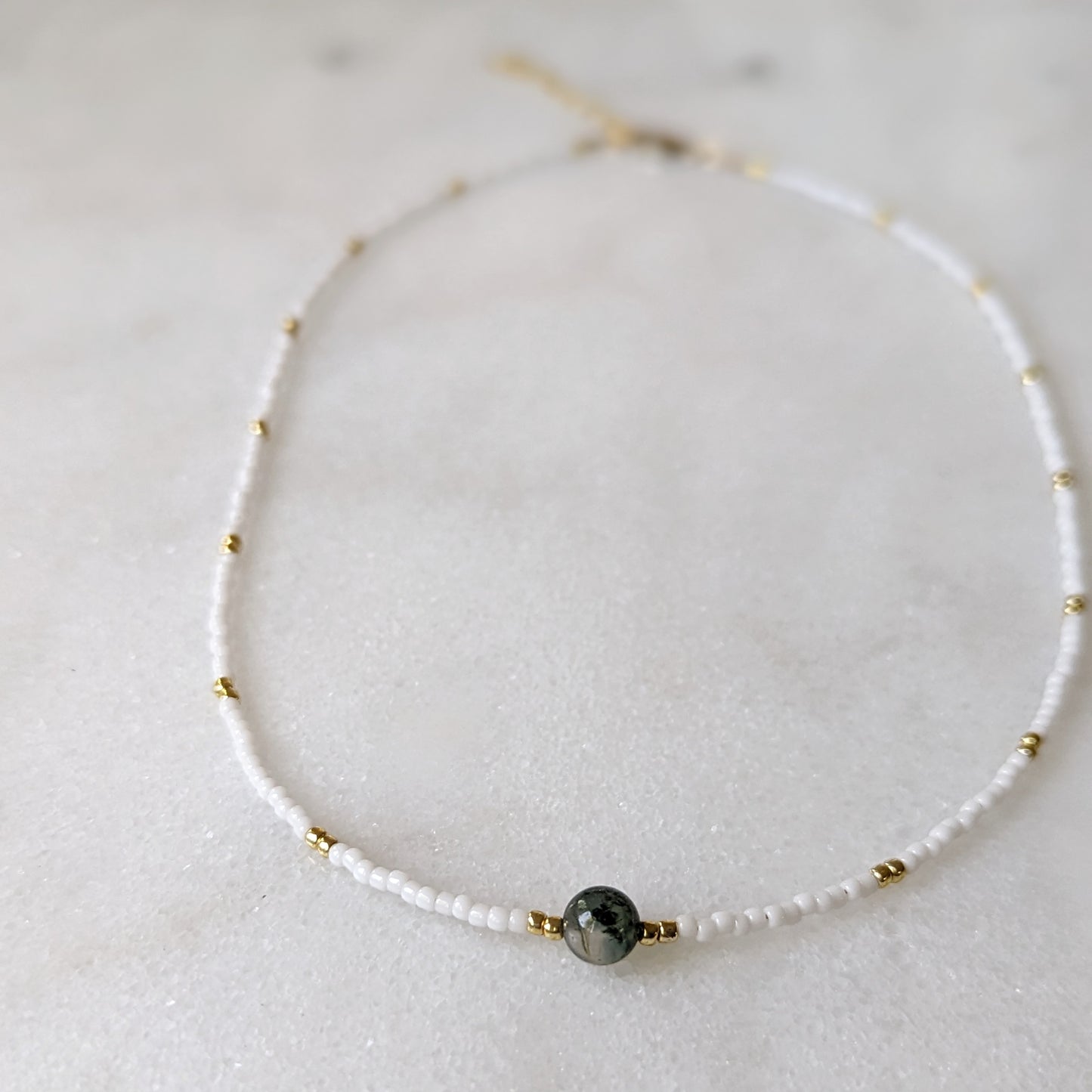 Moss Agate White Beaded Choker Necklace