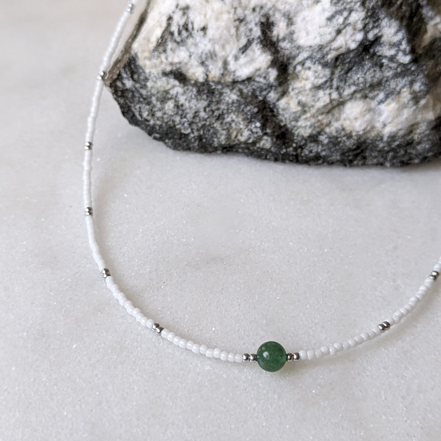 Green Aventurine White & Silver Beaded Accent Choker Necklace