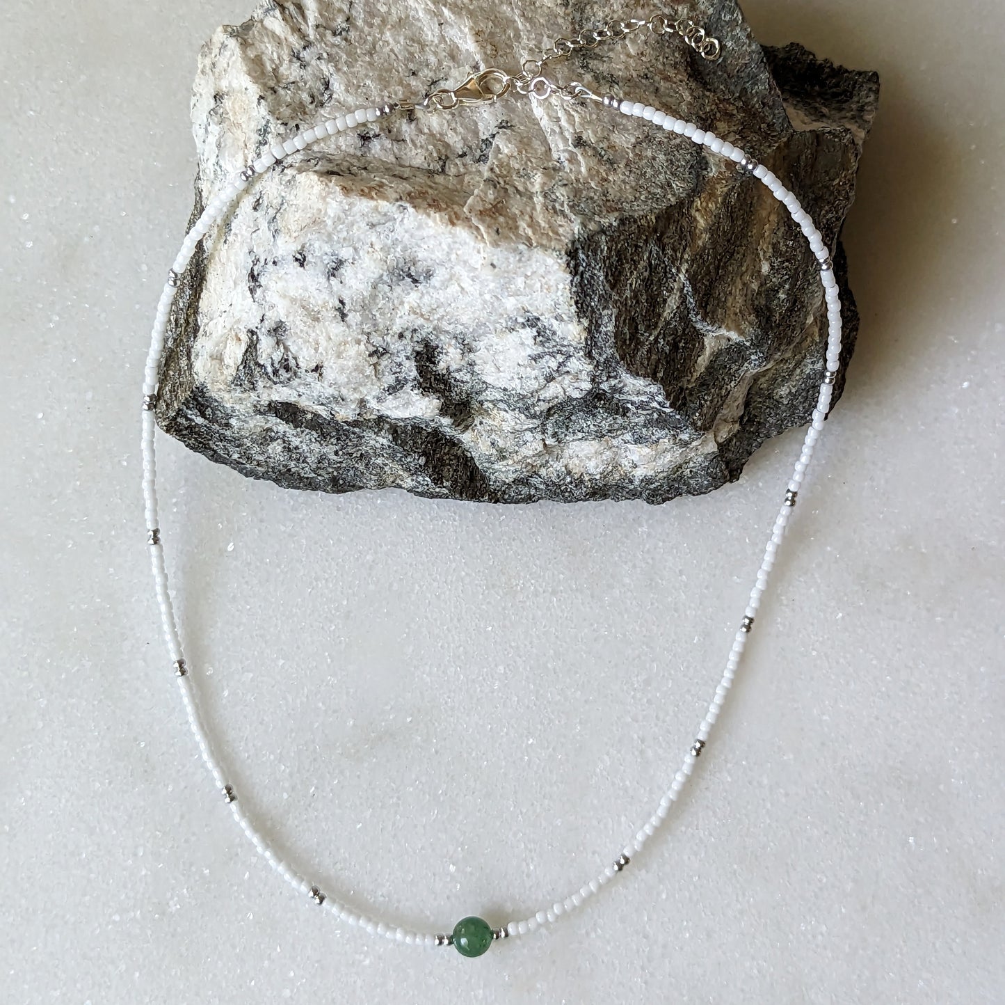 Green Aventurine White & Silver Beaded Accent Choker Necklace