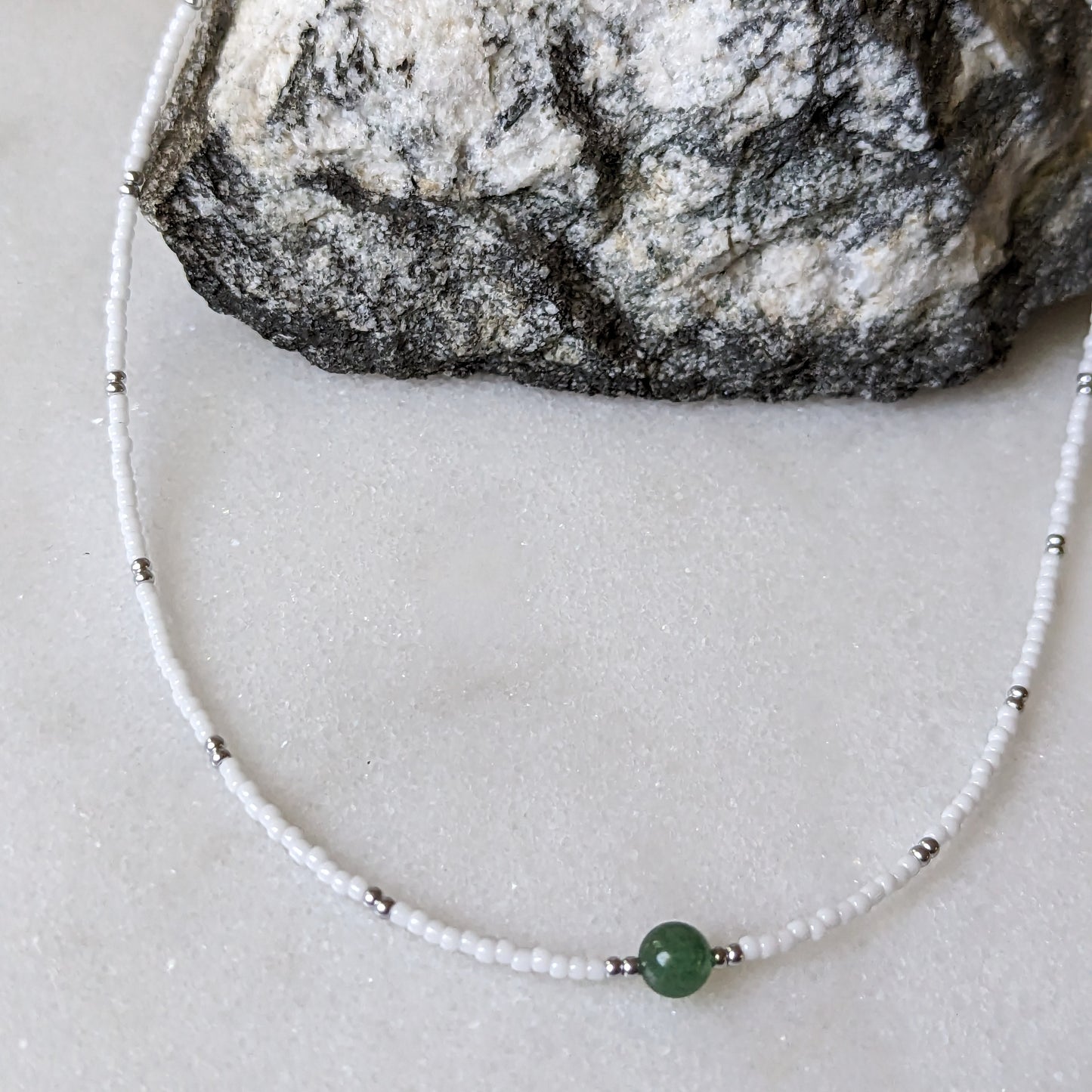 Green Aventurine White & Silver Beaded Accent Choker Necklace