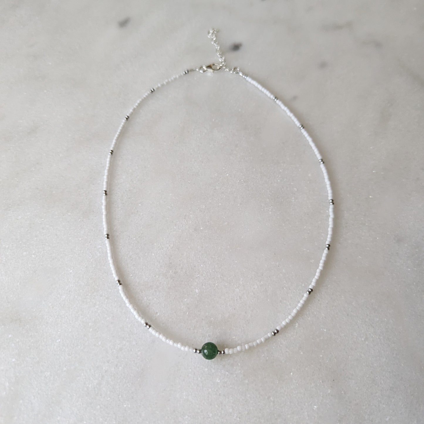 Green Aventurine White & Silver Beaded Accent Choker Necklace