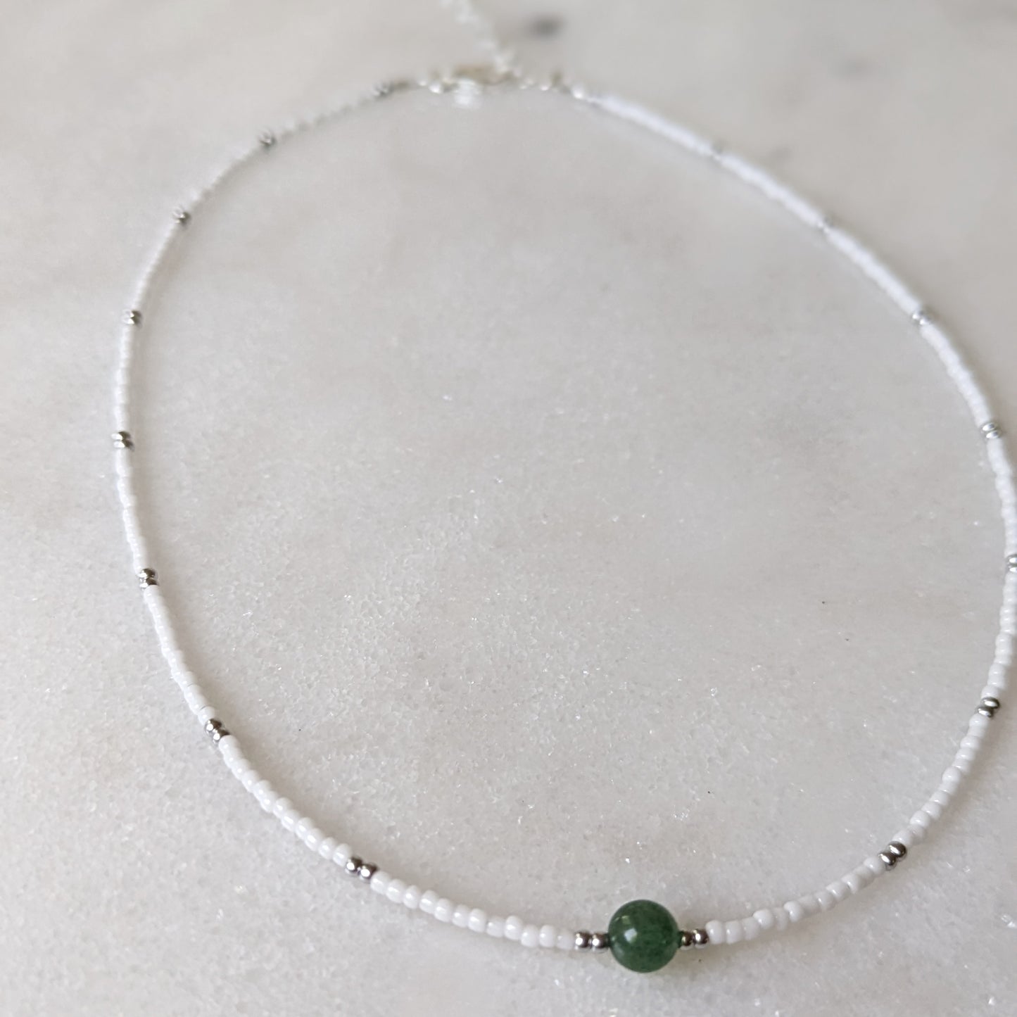 Green Aventurine White & Silver Beaded Accent Choker Necklace