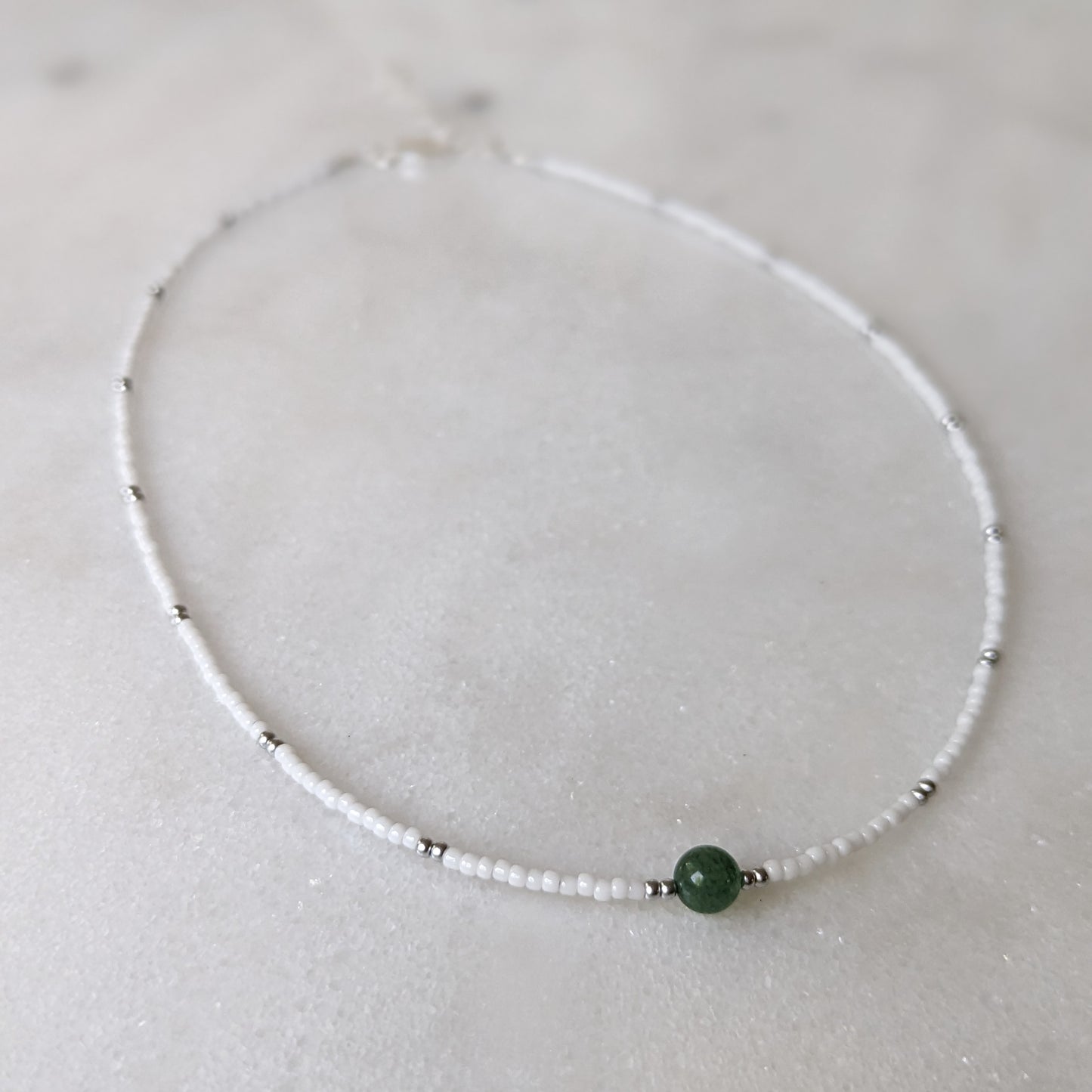 Green Aventurine White & Silver Beaded Accent Choker Necklace