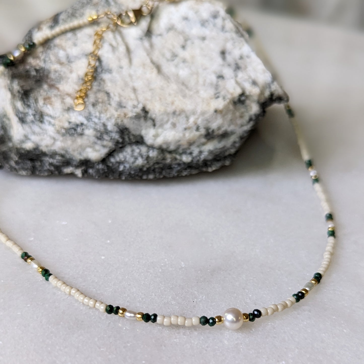 Freshwater Pearl and Malachite Accented Ivory and Gold Choker Necklace