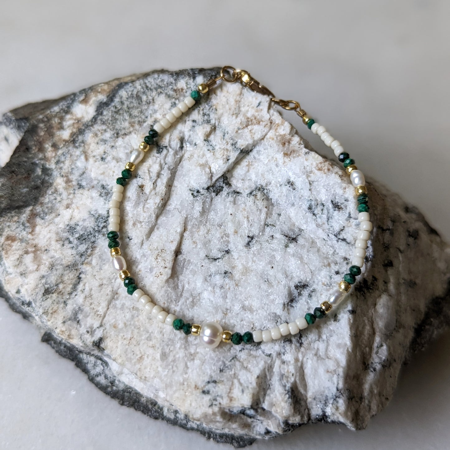 Freshwater Pearl and Malachite Accented Ivory and Gold Bracelet
