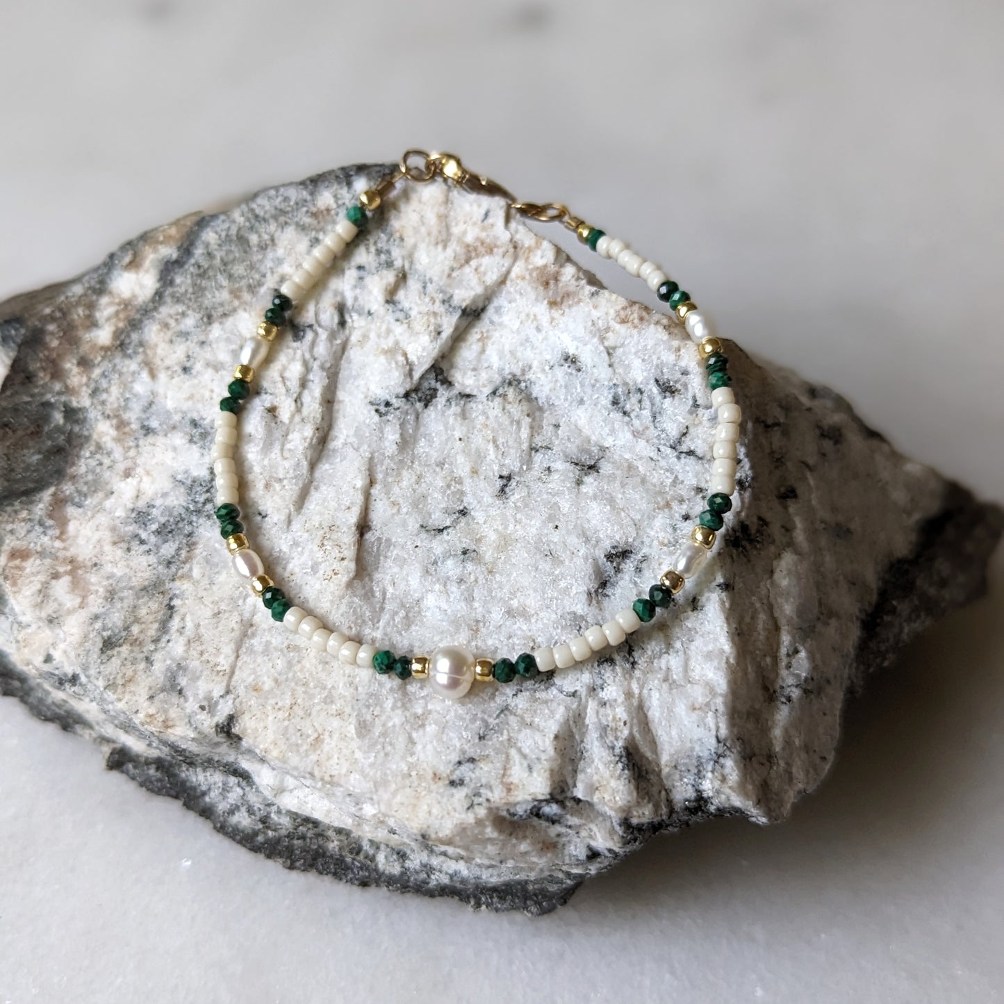 Freshwater Pearl and Malachite Accented Ivory and Gold Bracelet
