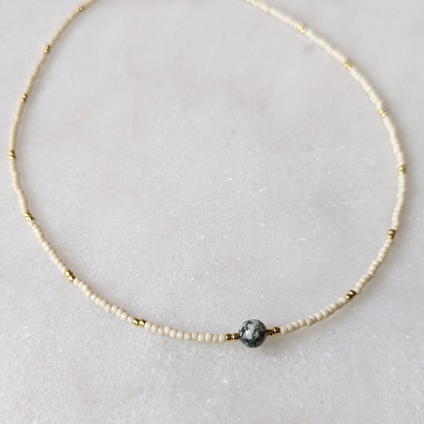 Moss Agate Ivory Beaded Accented Choker Necklace