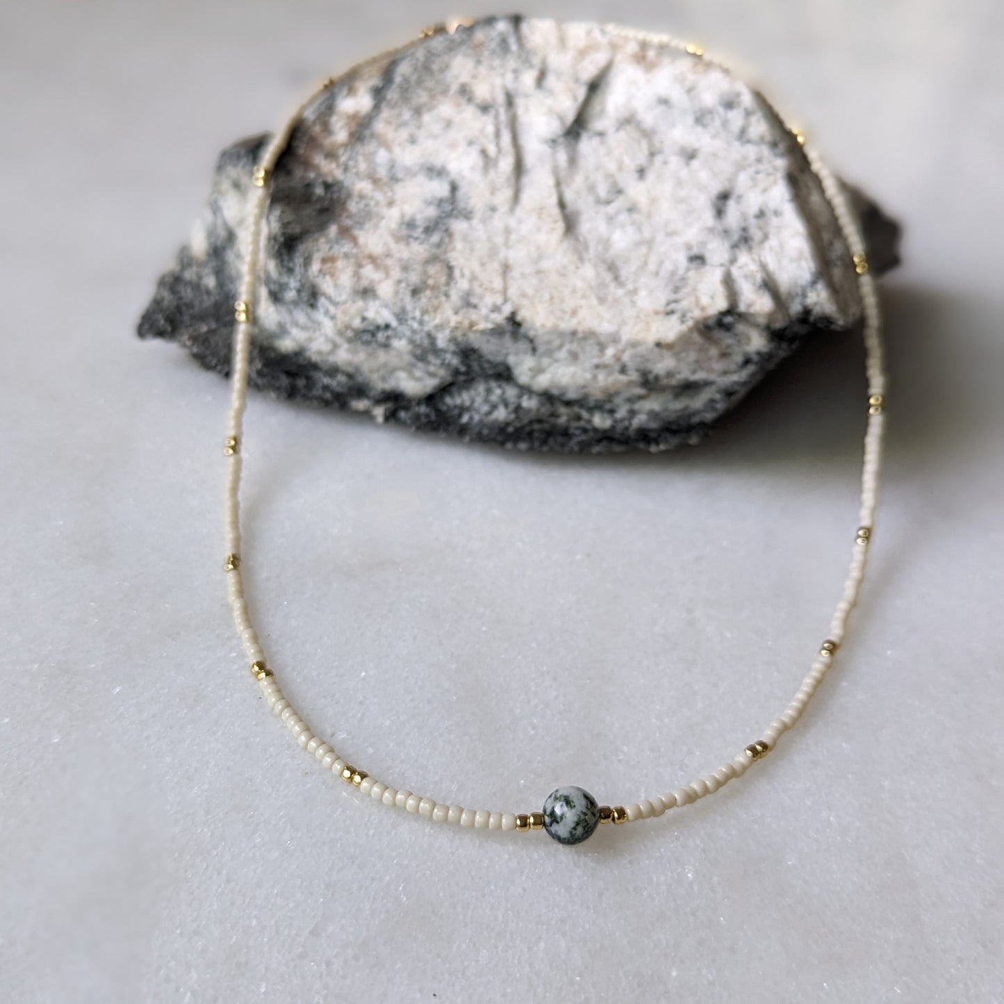 Moss Agate Ivory Beaded Accented Choker Necklace
