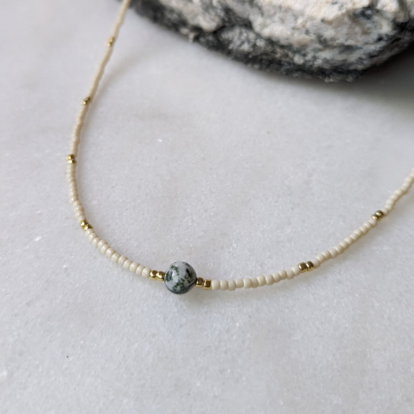 Moss Agate Ivory Beaded Accented Choker Necklace