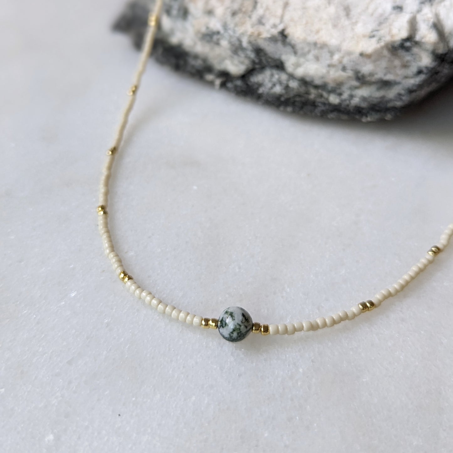 Moss Agate Ivory Beaded Accented Choker Necklace