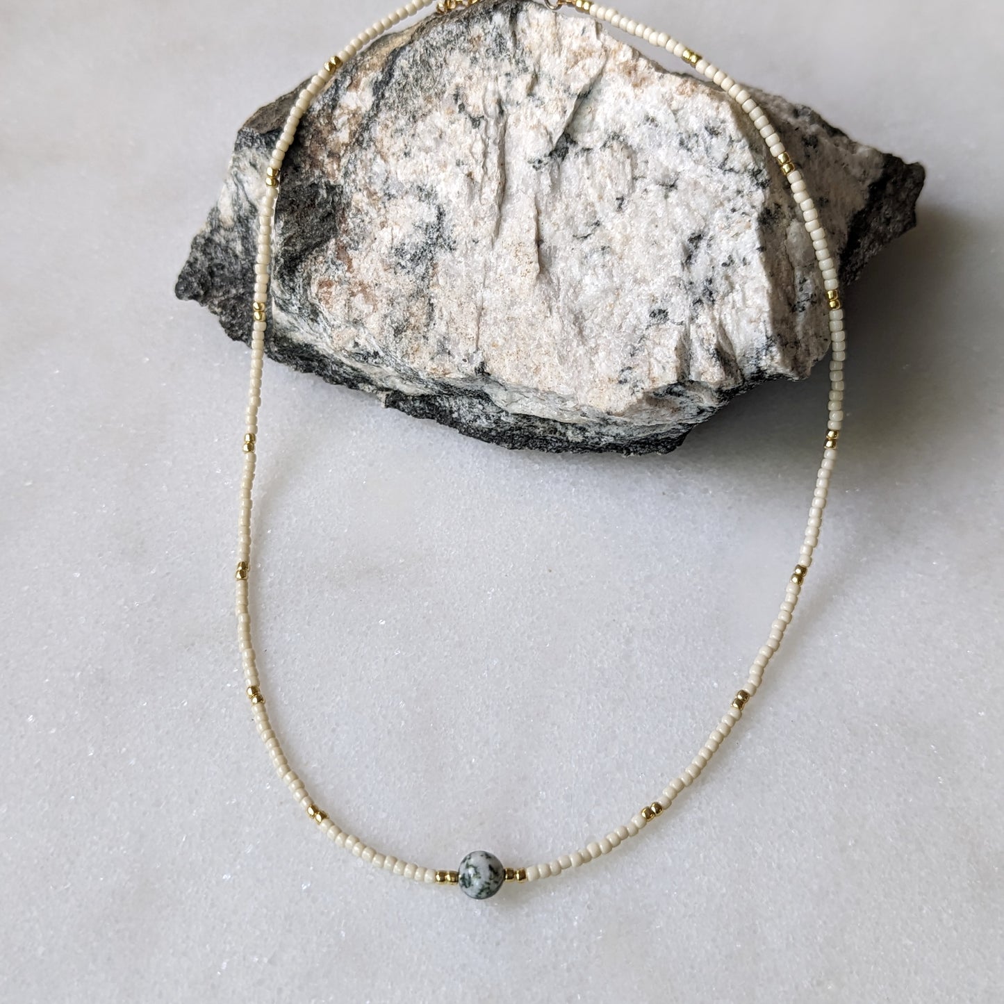 Moss Agate Ivory Beaded Accented Choker Necklace