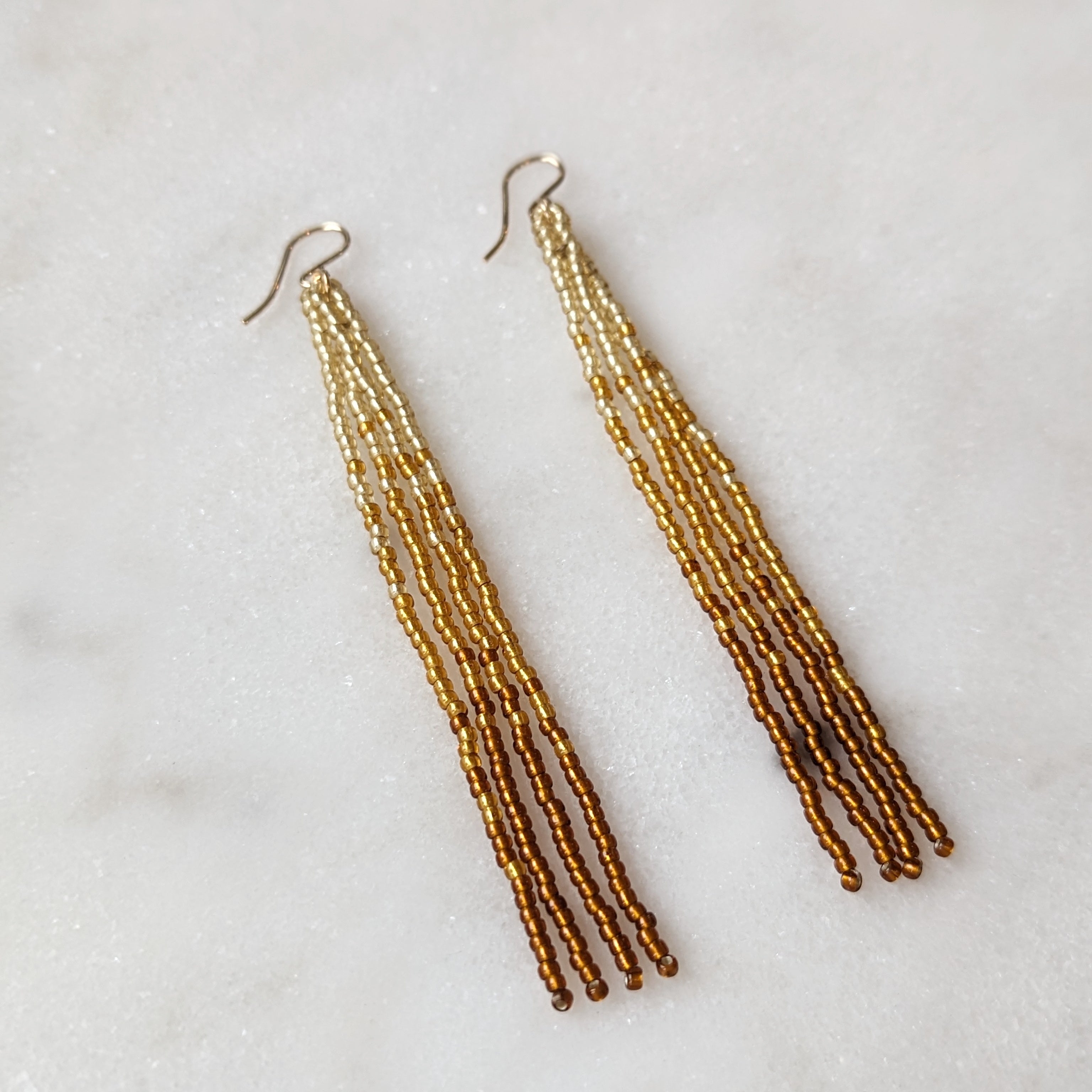 Metallic Amber Long Fringe Beaded Earrings
