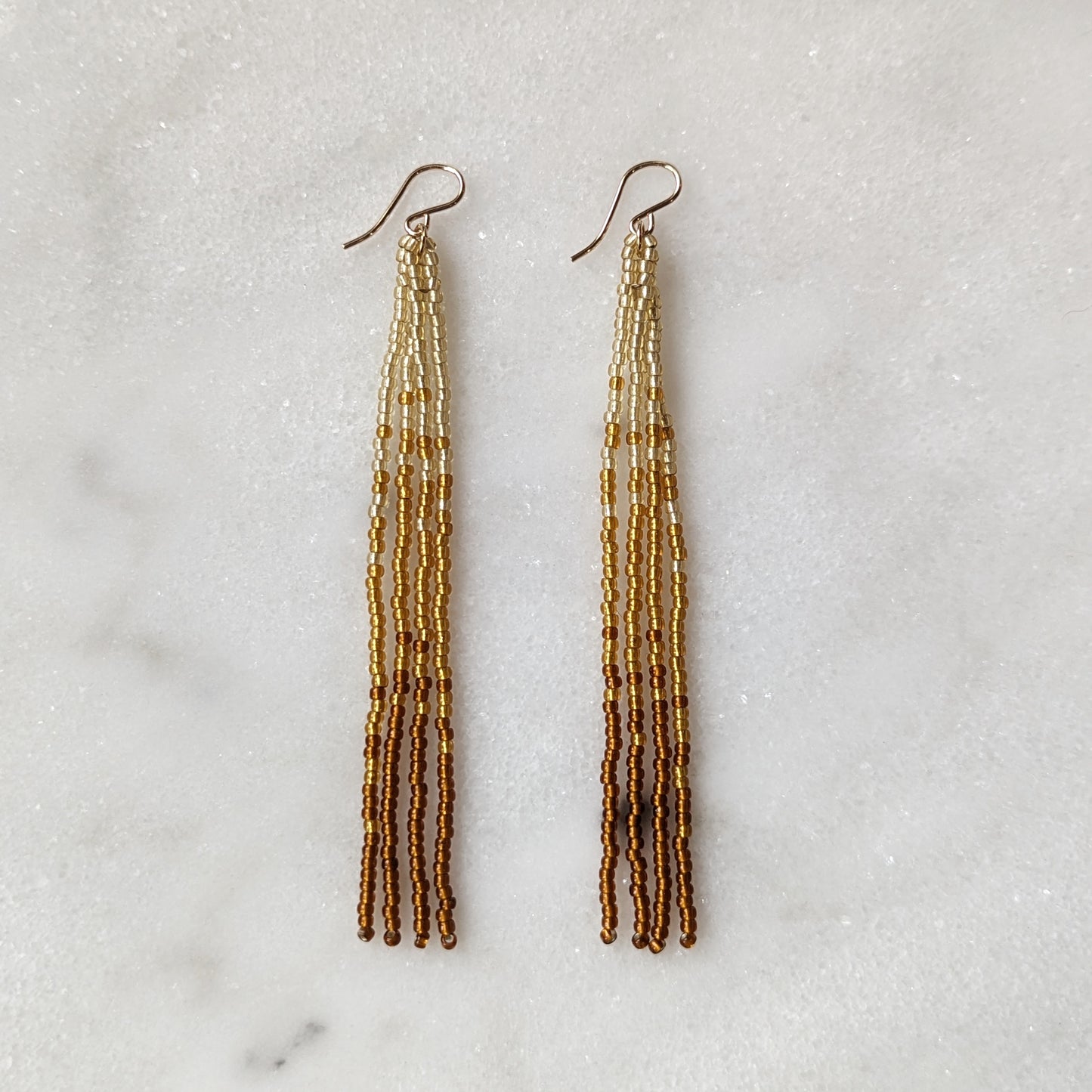 Metallic Amber Long Fringe Beaded Earrings