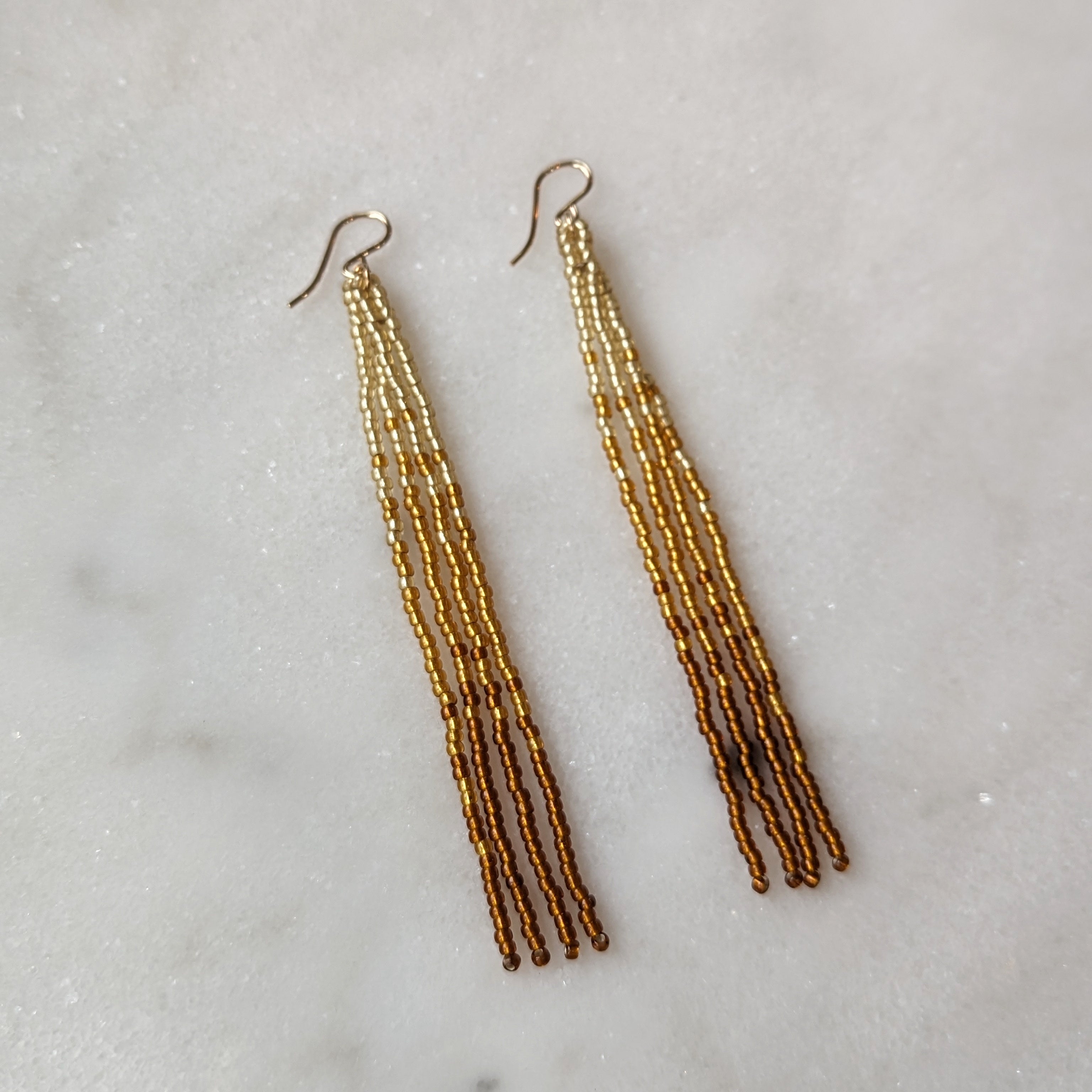 Metallic Amber Long Fringe Beaded Earrings