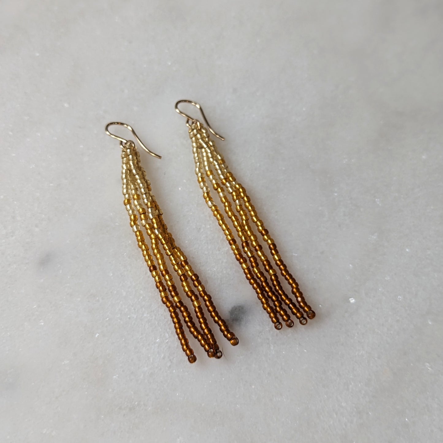 Metallic Amber Short Beaded Fringe Earrings