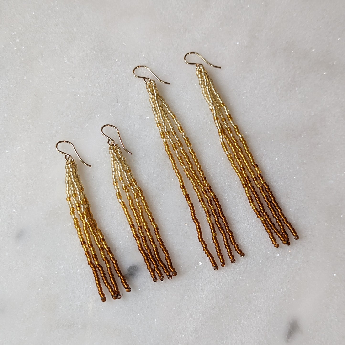 Metallic Amber Long Fringe Beaded Earrings
