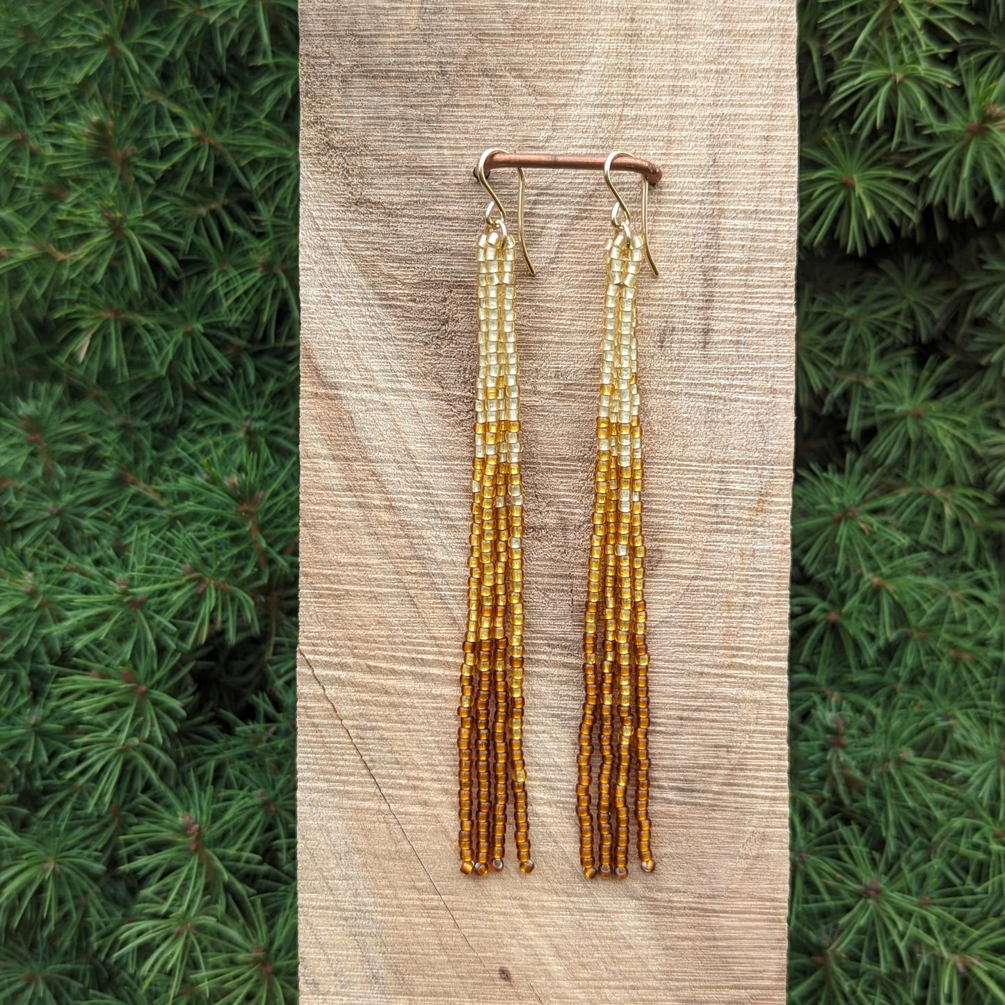 Metallic Amber Long Fringe Beaded Earrings