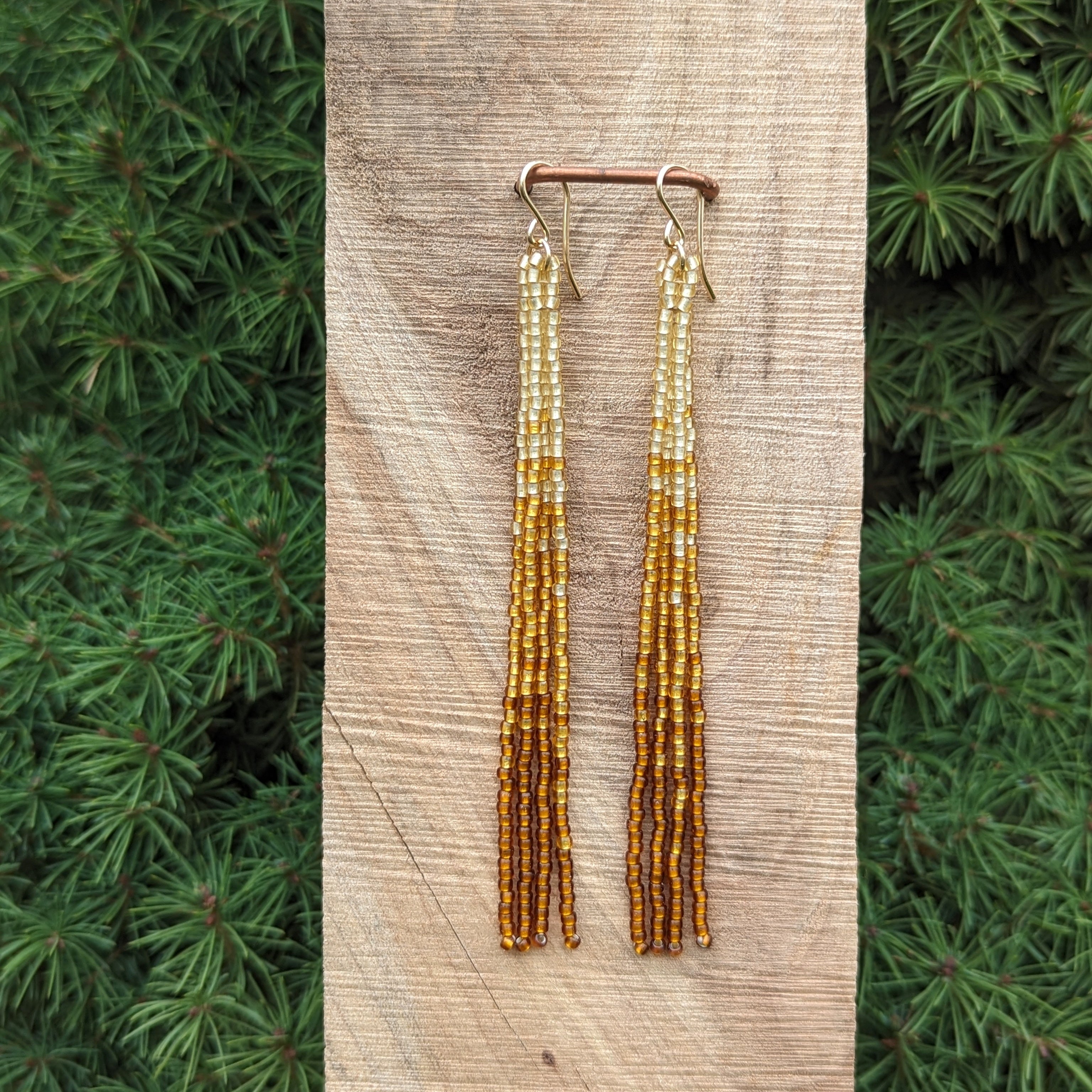 Metallic Amber Long Fringe Beaded Earrings