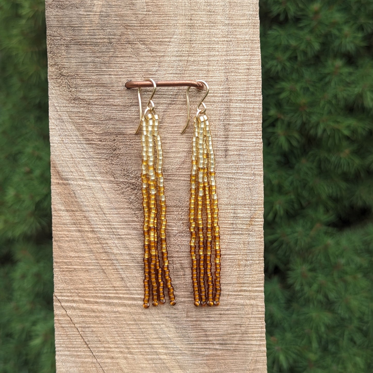 Metallic Amber Short Beaded Fringe Earrings