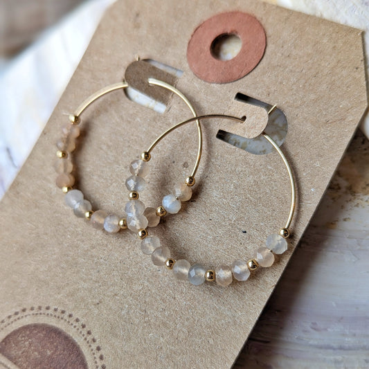 Silvery Peach Moonstone Hoops