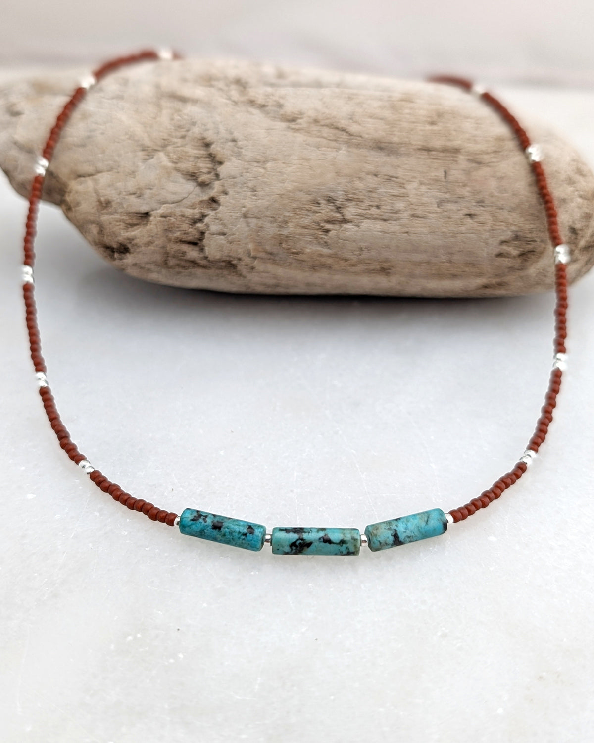 African Turquoise Triple Burnet Orange Necklace