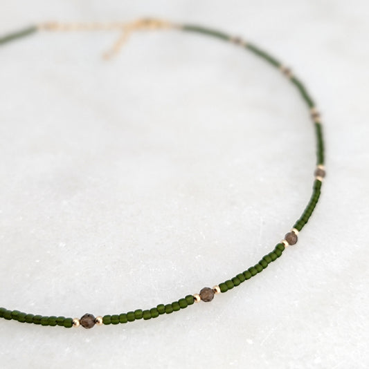 Smoky Quartz Grounding Olive Green Necklace